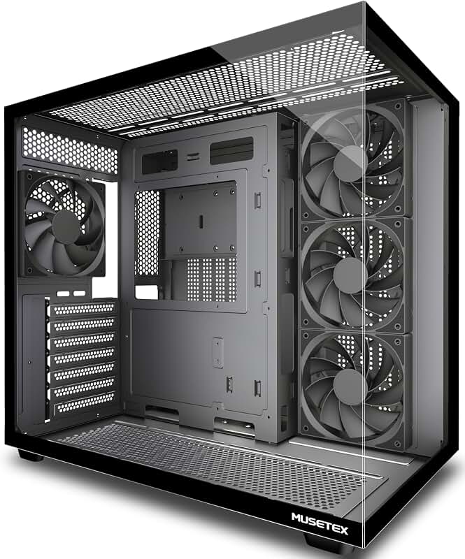 MUSETEX Y6 Boîtier PC, 4 Ventilateurs Non-LED préinstallés, Vue 270° en Verre Trempé, Connectique Type-C, Boîtier PC ATX Mid-Tower, Noir
