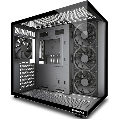 MUSETEX Y6 PC Case, Pre-Installed 4 Non-LED Fans, ATX Mid Tower Case, Computer Case with Type-C, 270° Full View Tempered Glass, Black