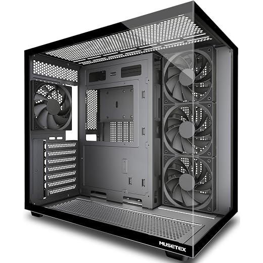 MUSETEX Y6 PC Case, Pre-Installed 4 Non-LED Fans, ATX Mid Tower Case, Computer Case with Type-C, 270° Full View Tempered Glass, Black