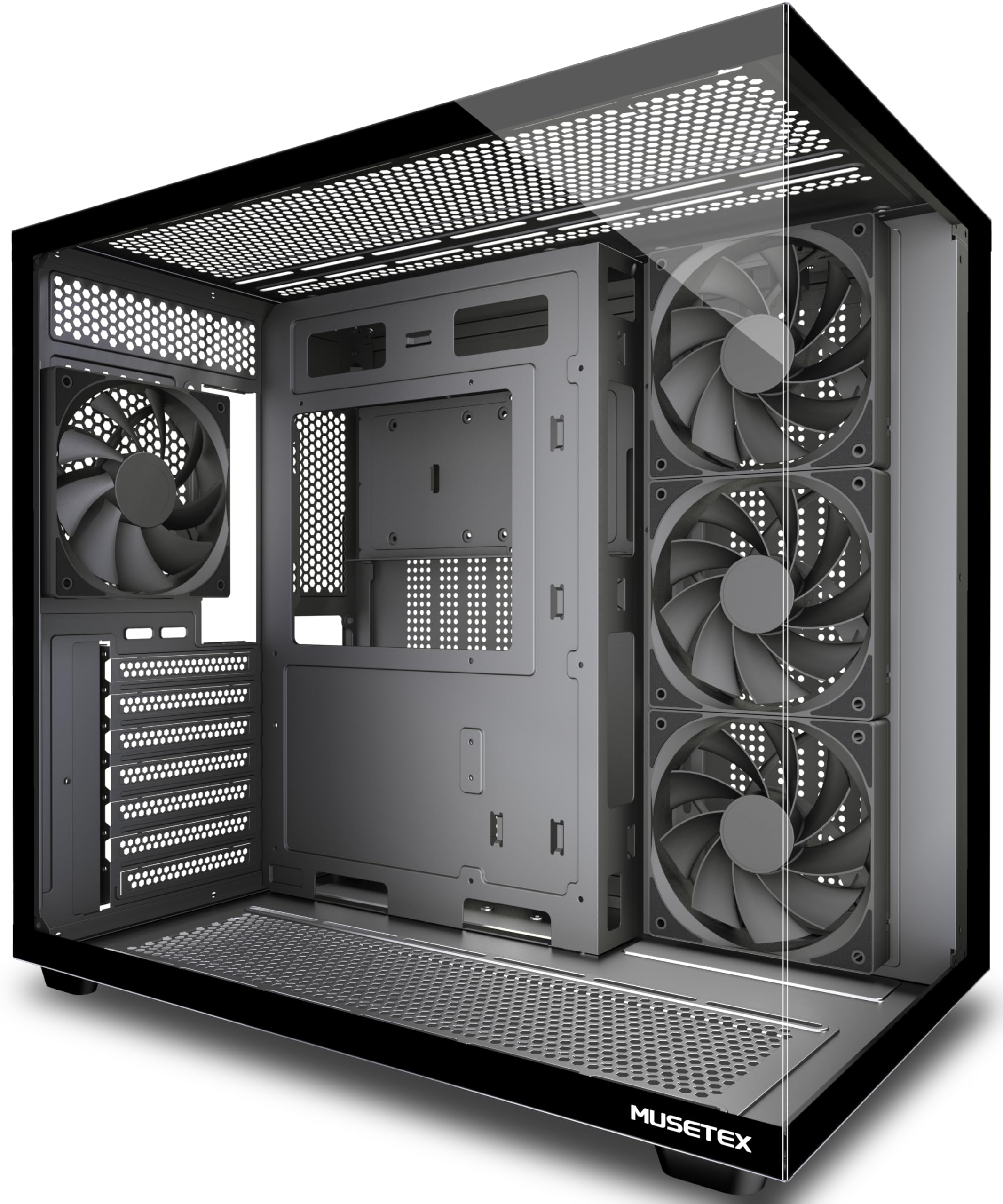 MUSETEX Y6 Caja PC, con 4 Ventiladores No LED Preinstalados, Caja de Computadora ATX de Torre Mediana, Caja PC Gaming con Tipo-C, Cristal Templado de Vista Completa de 270°, Negro