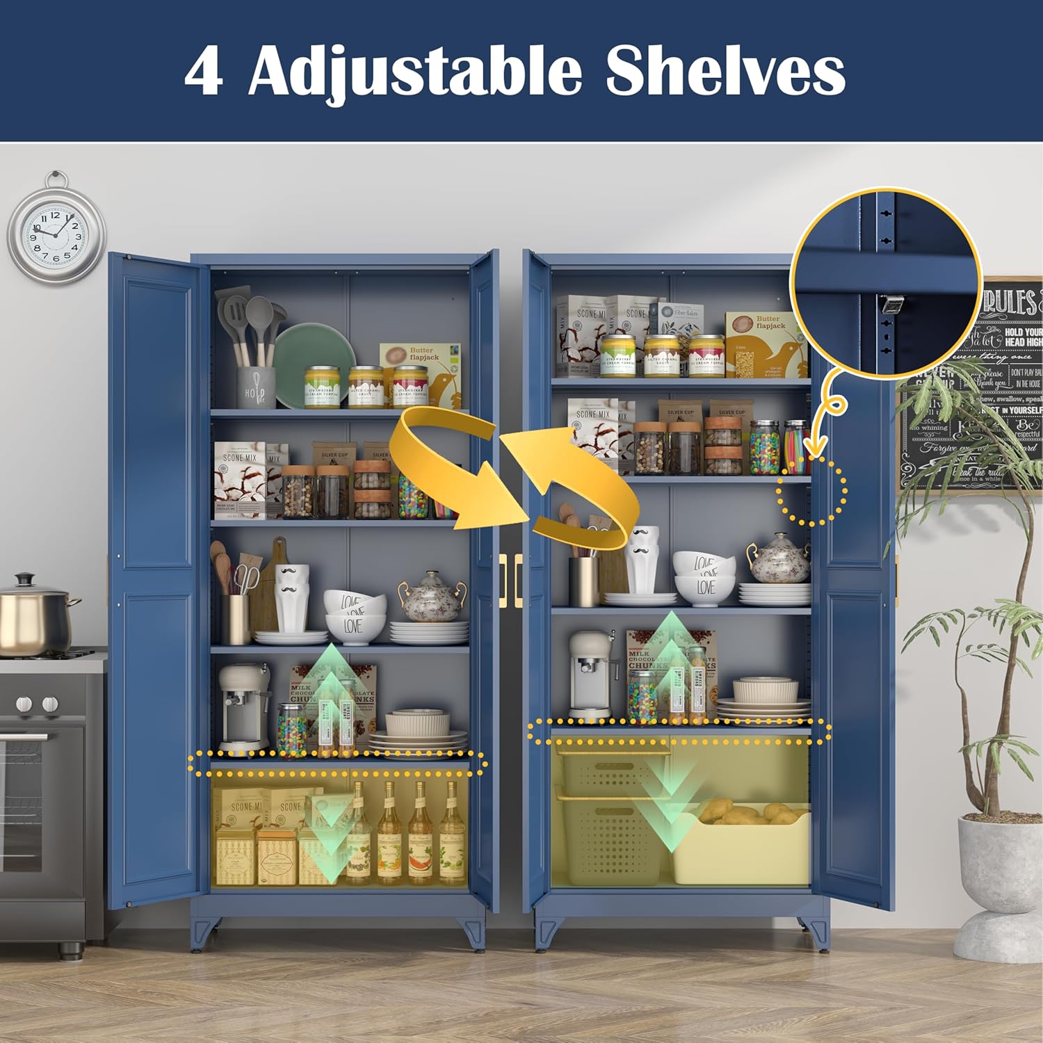 SteeLoong Kitchen Pantry Cabinet,75”Blue Metal Storage Cabinets with Doors and 4 Adjustable Shelves,Kitchen Cabinet with 2 Gold Handles,Tall Cabinet for Livingroom,Pantry, Bathroom