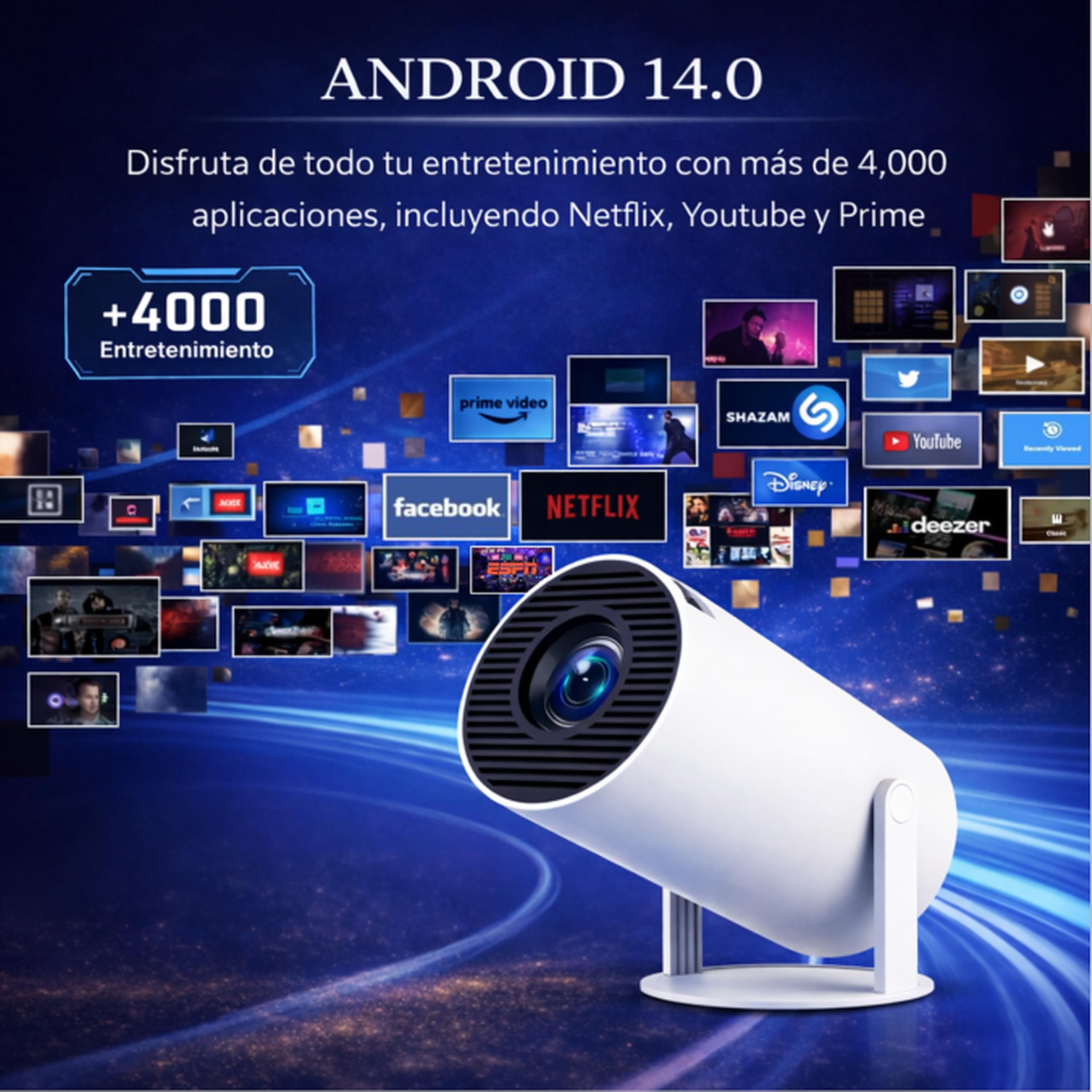 Mini Proyector Portátil 2026 .Android 14, WiFi 6 Bluetooth, Soporta 4K y 1080P, 180° Rotación, Auto Keystone, Cine en Casa, Proyector Compacto Inteligente