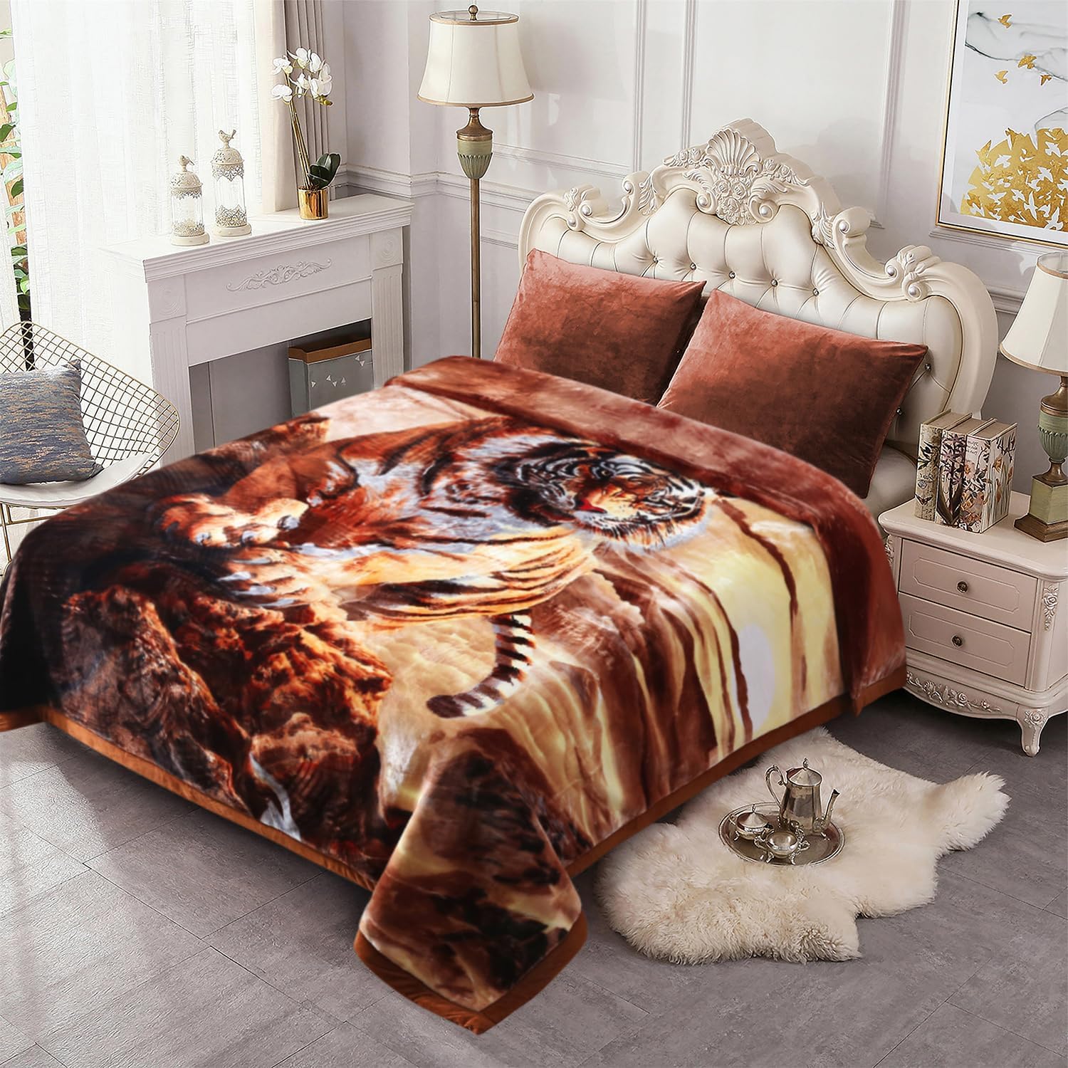 Korean Style Fleece Blanket King Size, 87" x94", 10.5 lbs, Heavy Raschel Fleece Animal Blanket for Adult, 2 Ply, Silky Plush Soft,Thick, Warm for Fall Winter, A&B Print Tiger & Horse