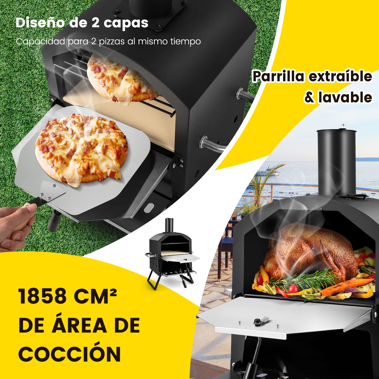 COSTWAY Horno de Pizza de Exterior, 2 Capas, Horno de Jardín a Leña con Asas Anti-quemaduras, Patas Plegables, Piedra de Pizza, Pala de Pizza, Cubierta Impermeable para Picnic, Fiesta, Camping