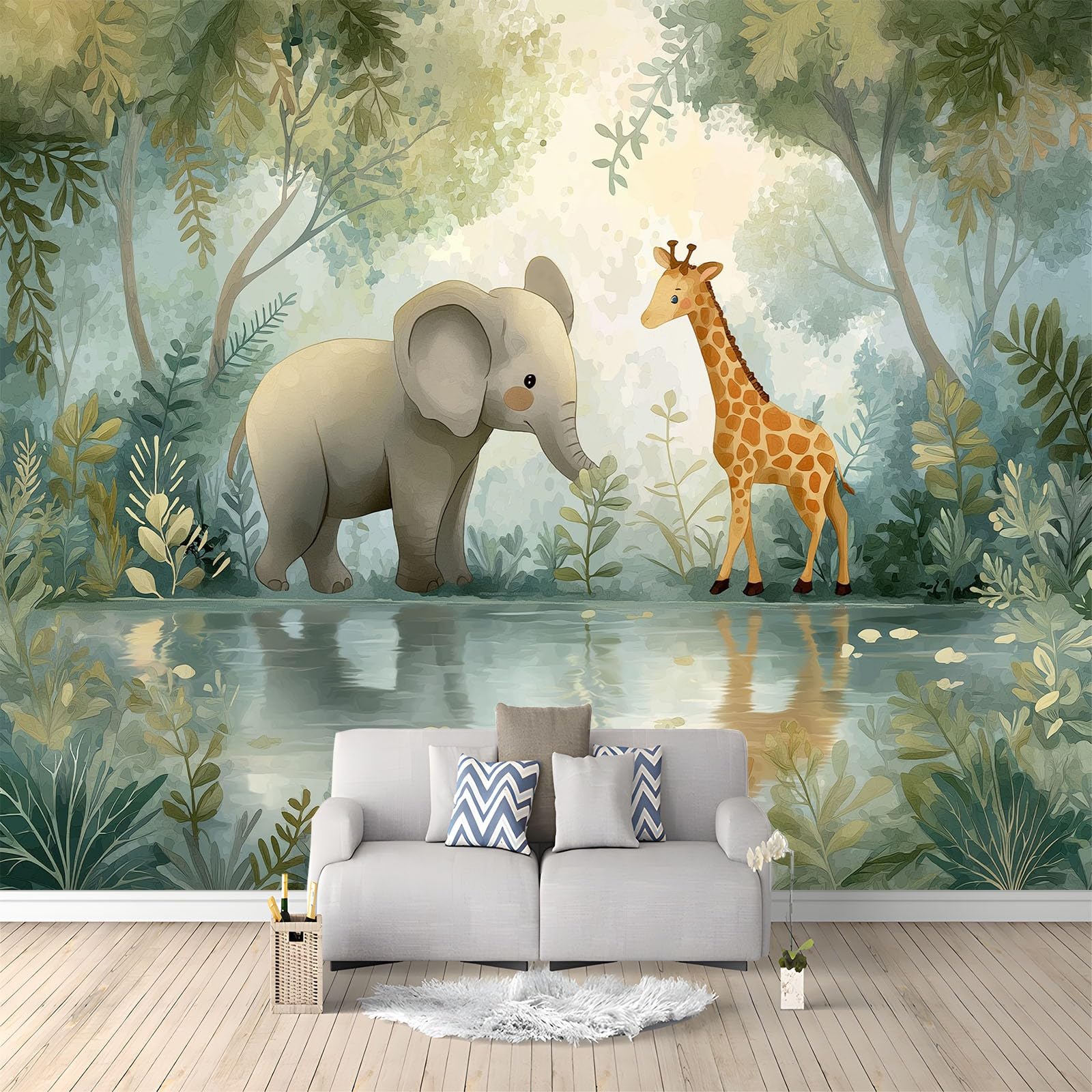 Papier Peint Panoramique Vert Foncé 3D Tapisserie Photo Animaux Forêt
