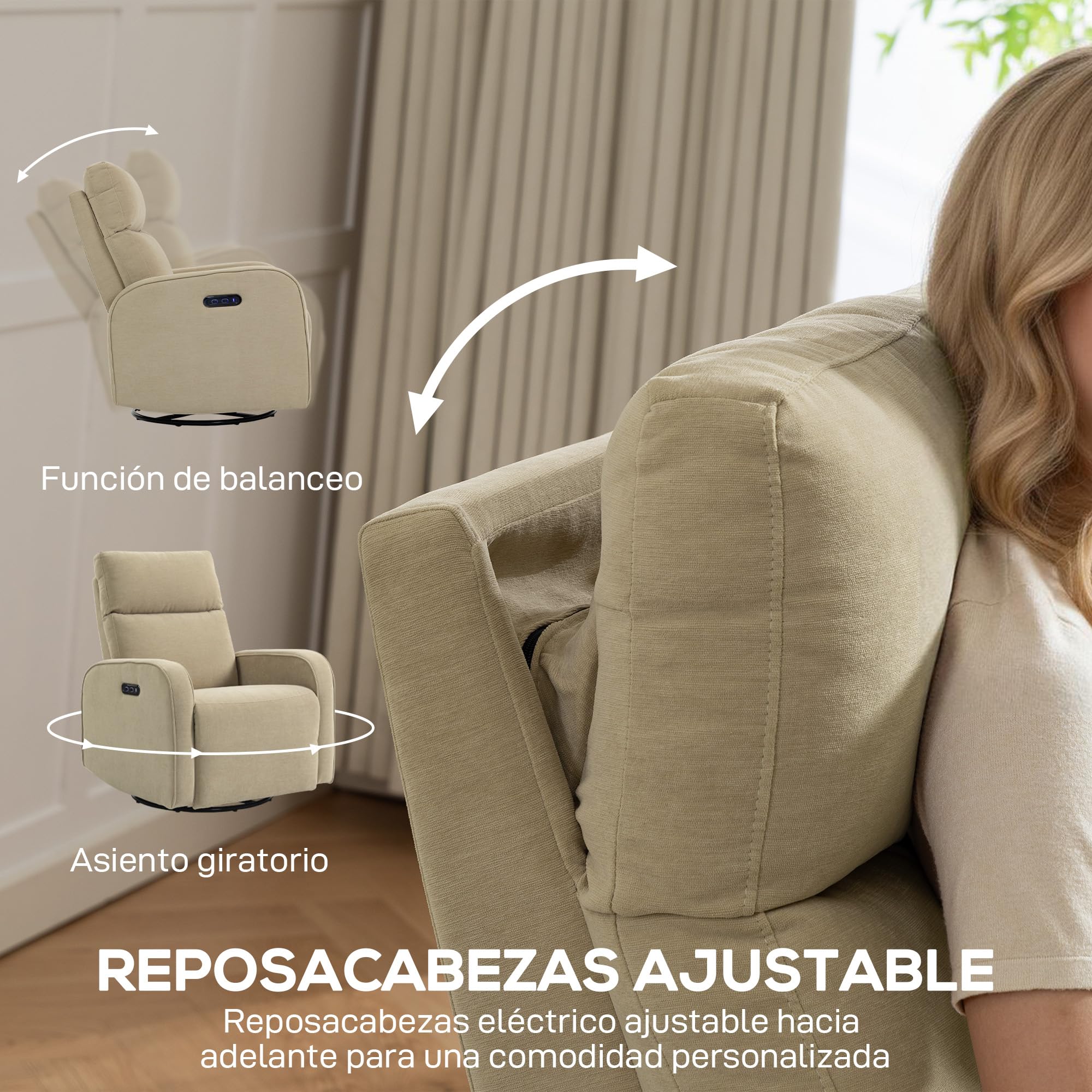 HOMCOM Sillón Relax Reclinable Eléctrico con Doble Motor Reposapiés Beige | Sillón Reclinable de Chenilla Giratorio, Balancín, Reposacabezas Ajustable, Puertos USB y USB-C, Botones Iluminados