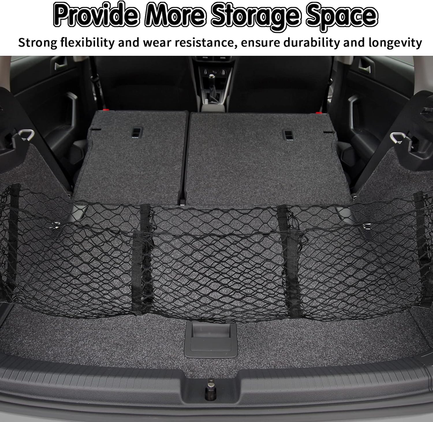 Tallew 2 Pcs Car Rear Cargo Net, Adjustable Elastic Mesh Cargo Net, 3 Pocket Heavy Duty Trunk Bed Storage Organizer, Universal for Car SUV Vehicle Pickup Truck with Accessories(43.3 x 15.7 Inches)