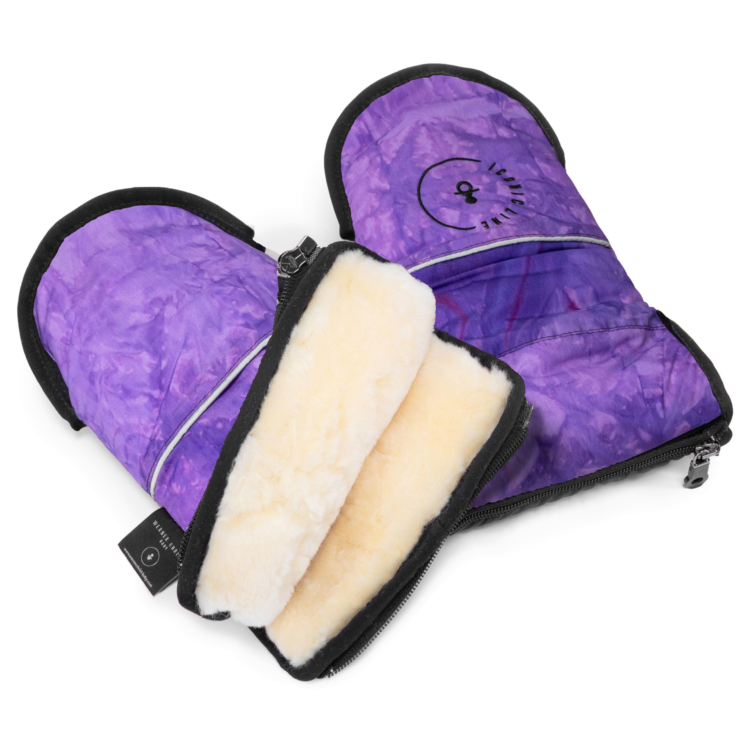Los guantes de piel de cordero de Werner Christ Baby – Glovy Iconic Line son el manguito ideal para cochecito de piel médica, cálido universal y repelente al agua, en color morado