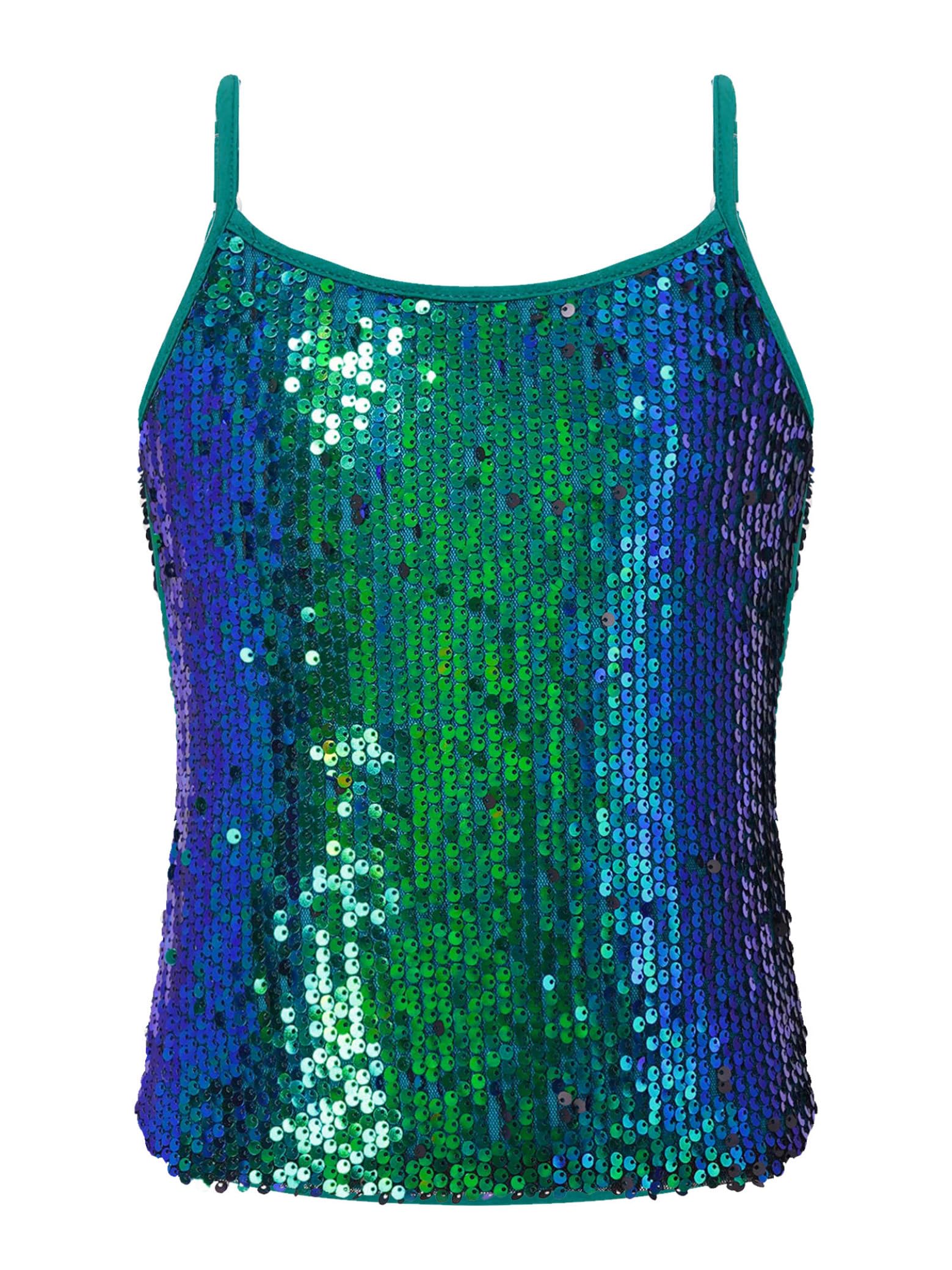 Sxiwei Błyszcząca koszulka dziewczęca z cekinami, podkoszulek tank top, ramiączka, koszulka typu spaghetti, koszulka na ramiączkach, jazz, taniec, krótki kostium do tańca