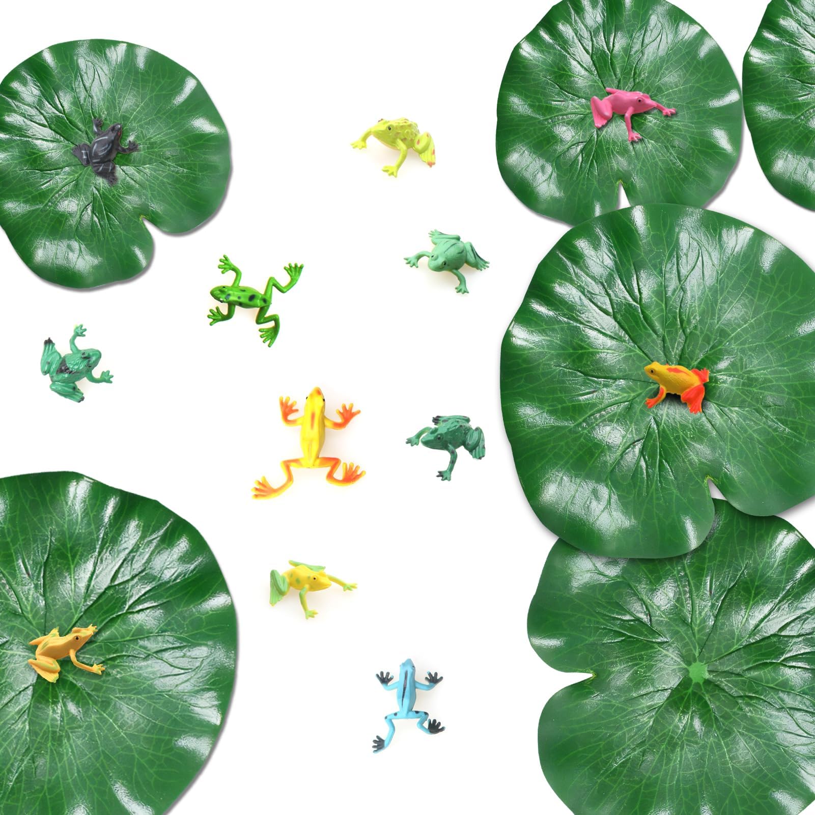 Snugcore 12Pcs Realistic Frog Toys and 8 Pcs Lily Pads Set, Mini Plastic Animal Figures, Tiny Frog Figures for Courtyard Decoration and Scene Layout, Micro Landscape Ornament