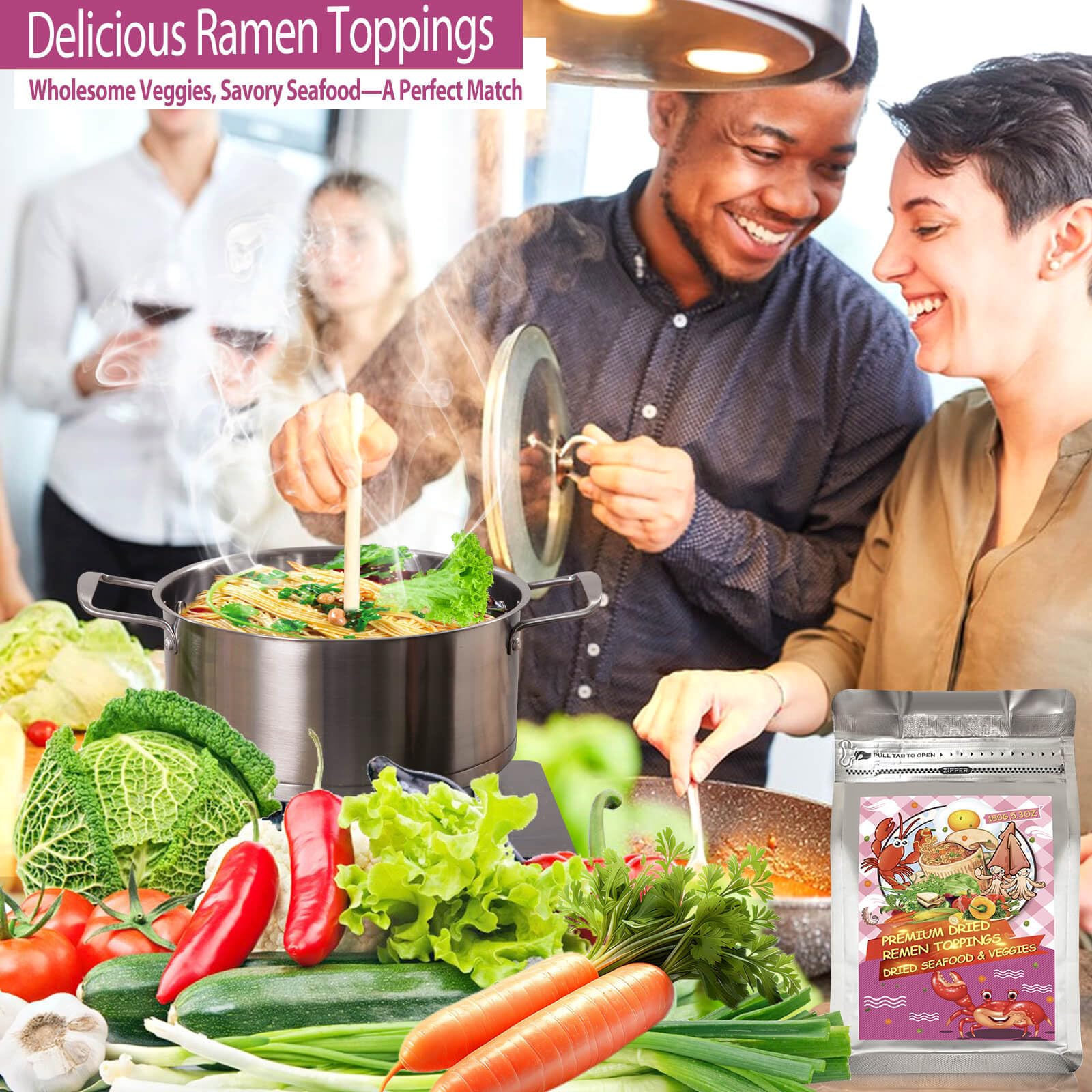5.29oz Dried Seafood & Vegetable Ramen Toppings - 11 Natural Mixed Dehydrated Vegetables Freeze-Dried Seafood for Ramen Noodles, Soups, Cooking, Emergency Supply, Freeze-Dried Tofu Skin, Shrimp