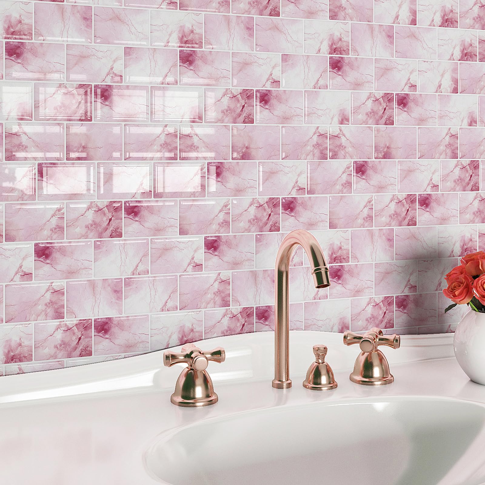 Livelynine Paraschizzi Cucina Adesivo 3D Rosa Piastrelle Adesive Bagno Rosa Bianco Effetto Marmo Mattonelle Adesivi Cucina 3D 30x30CM 16 Pezzi Impermeabile Mattonelle Adesive Bagno per Muro Camino