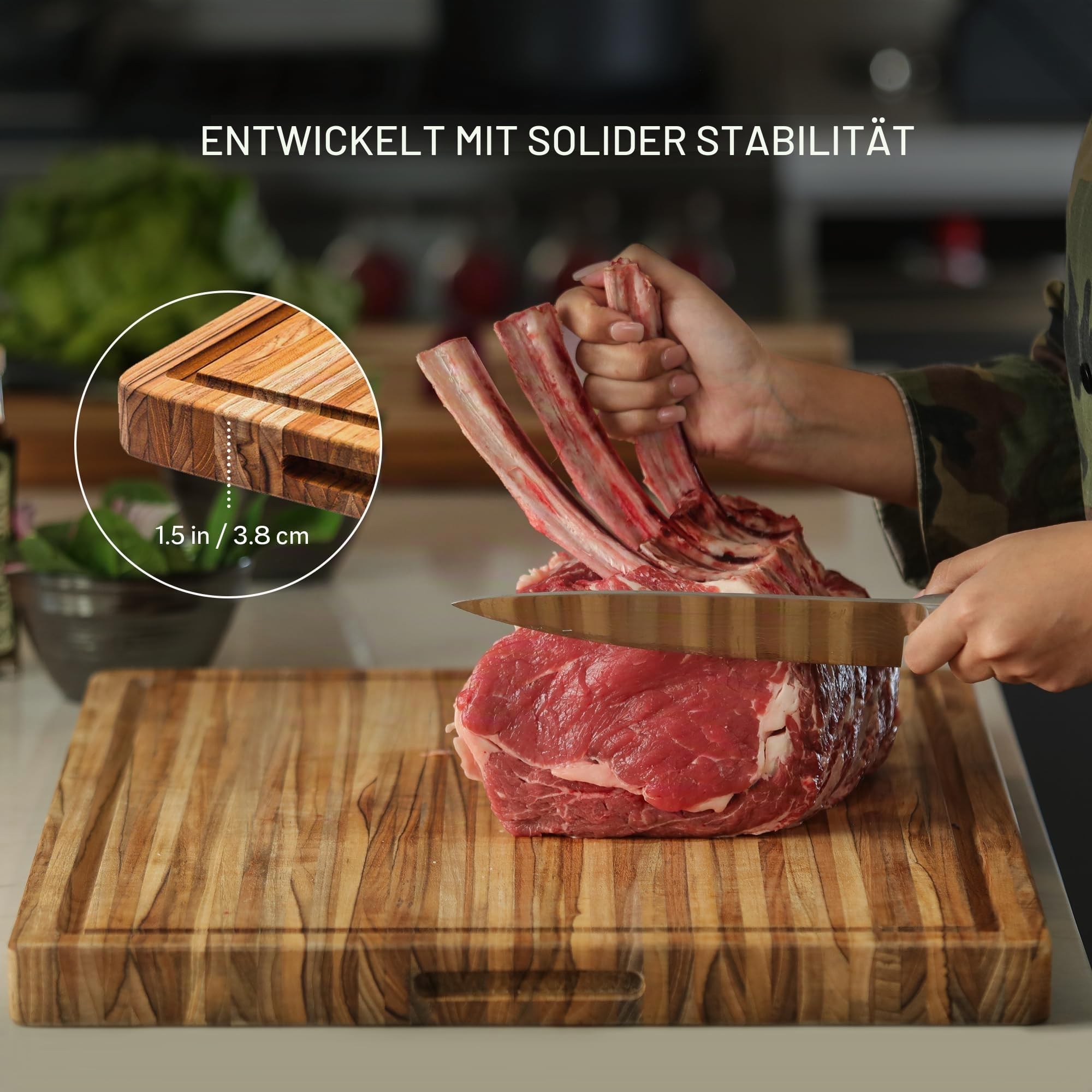 Teakhaus Schneidebrett Holz, 41×31×3,8 cm, FSC-Teakholz, Saftrille | Tranchierbrett, für Gemüse, Fleisch & Kräuter, natürlicher Ölgehalt, wasserabweisend, antibakterielle Eigenschaften