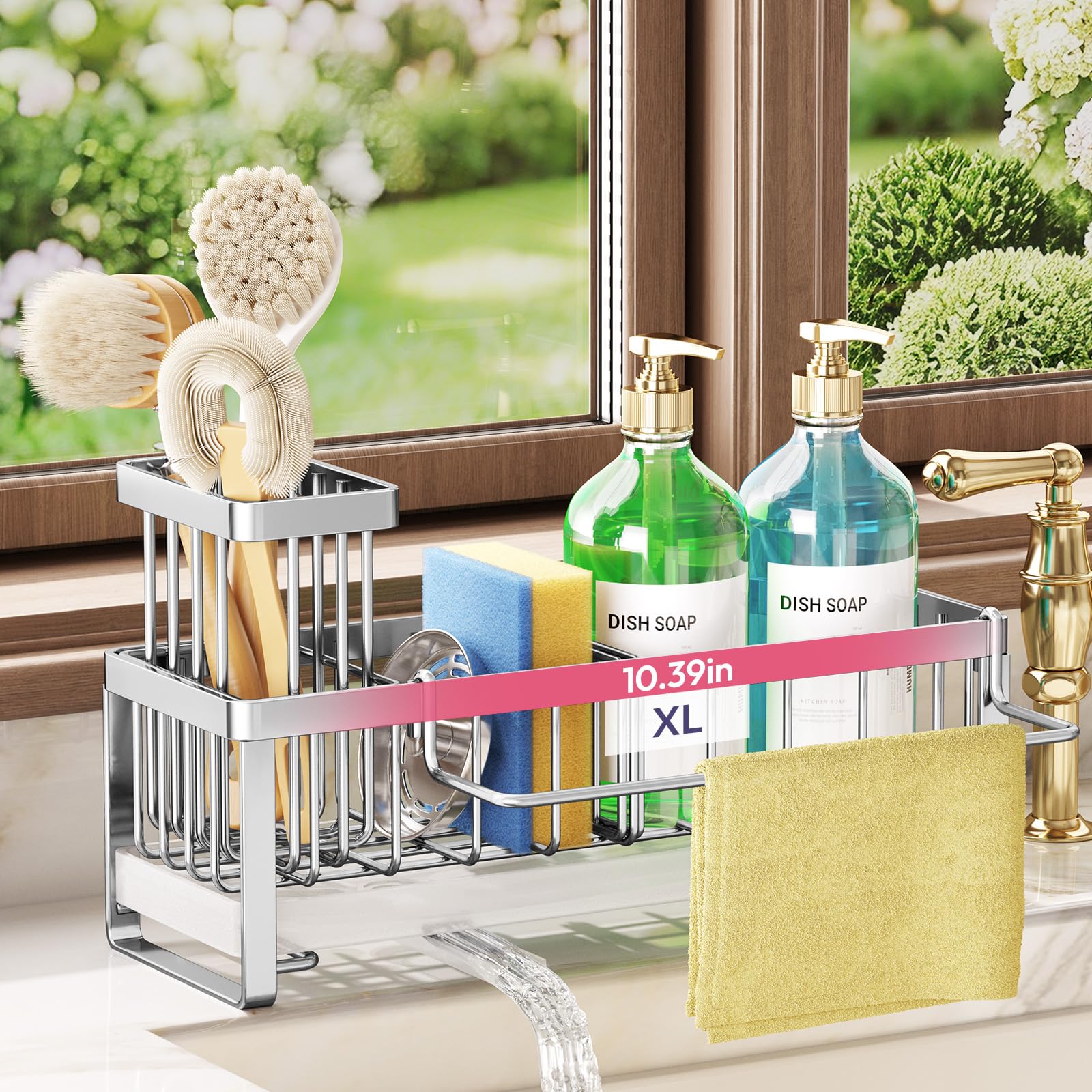 SWTYMIKI Kitchen Sink Caddy Organiser - Sink Tidy Organiser with Auto Draining Tray, Brush Holder, Stainless Steel Sponge Holder with Divider for Countertop Kitchen Storage & Organisation, Silver-XL — image 1