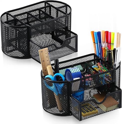 Geyee 2 organizadores de escritorio de malla con 8 compartimentos y 1 cajón multifuncional, soporte para bolígrafos, papelería para oficina, hogar,