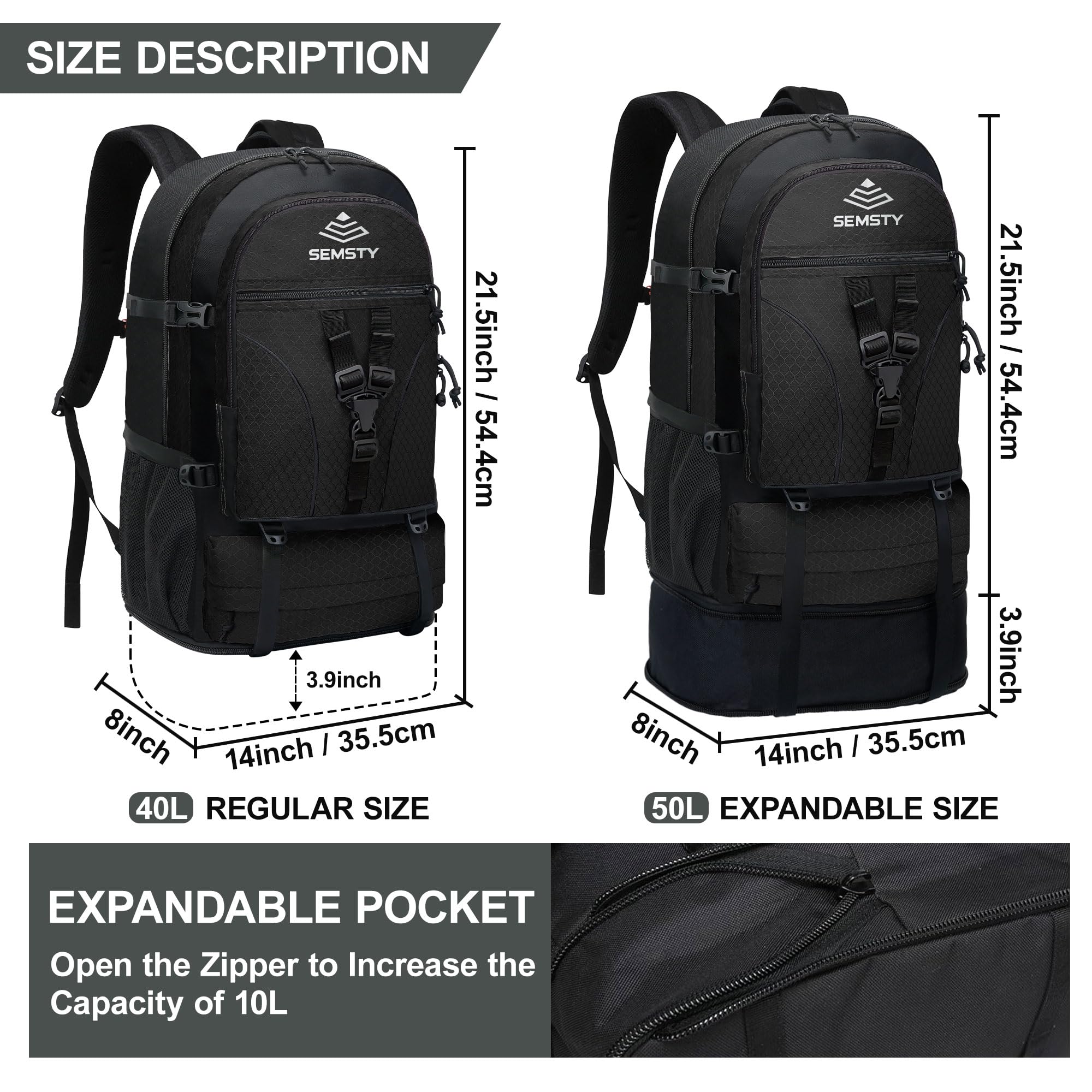 SEMSTY Hiking Backpack, 30L/40L/50L Expandable Hiking Backpack for Men and Women, Travel Backpack Flight Approved