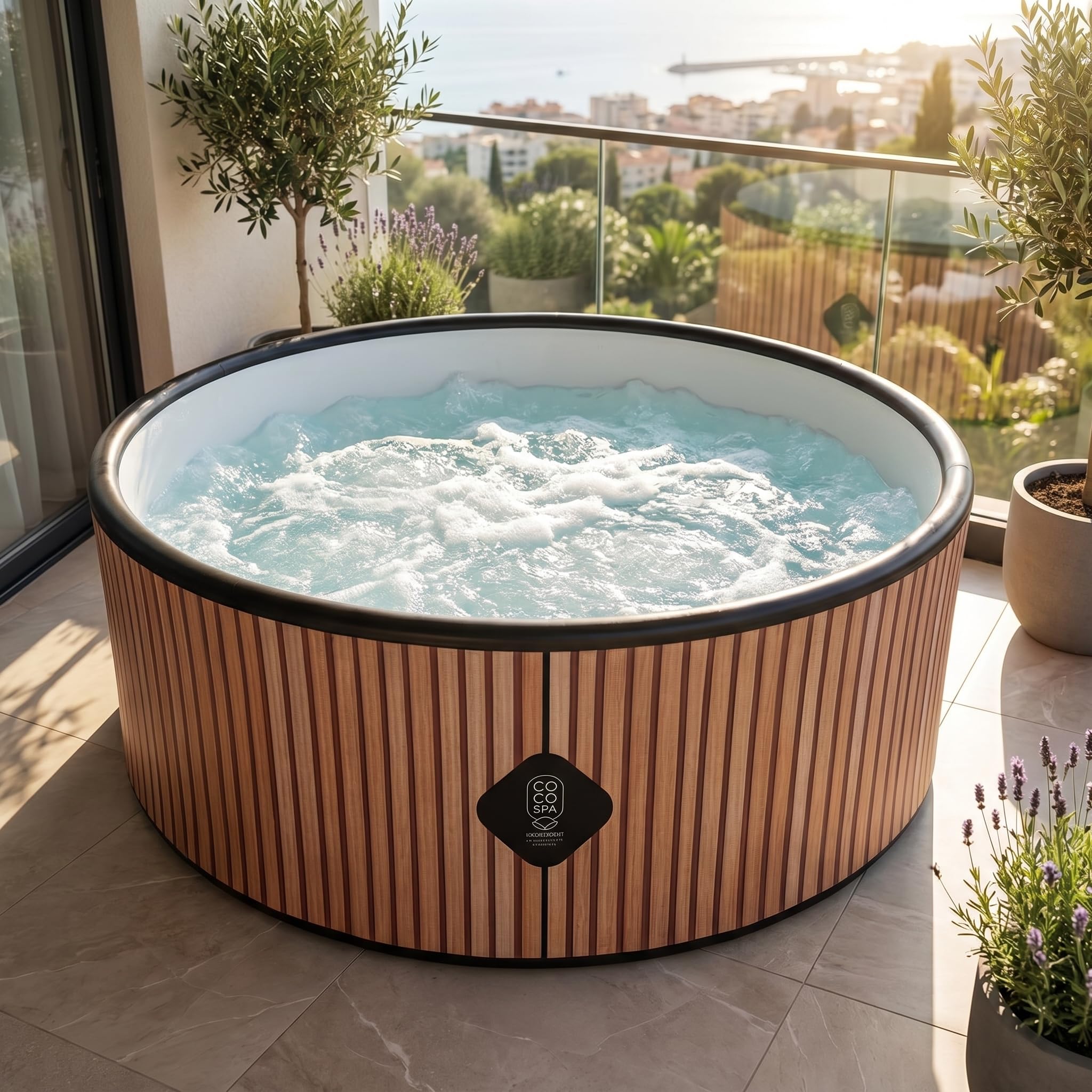 COCO SPA Rio Spa Inflable | 180 cm de diámetro | 1100 litros | Motor 2240 W | Hasta 6 personas | Masaje 140 chorros | Imitación madera natural