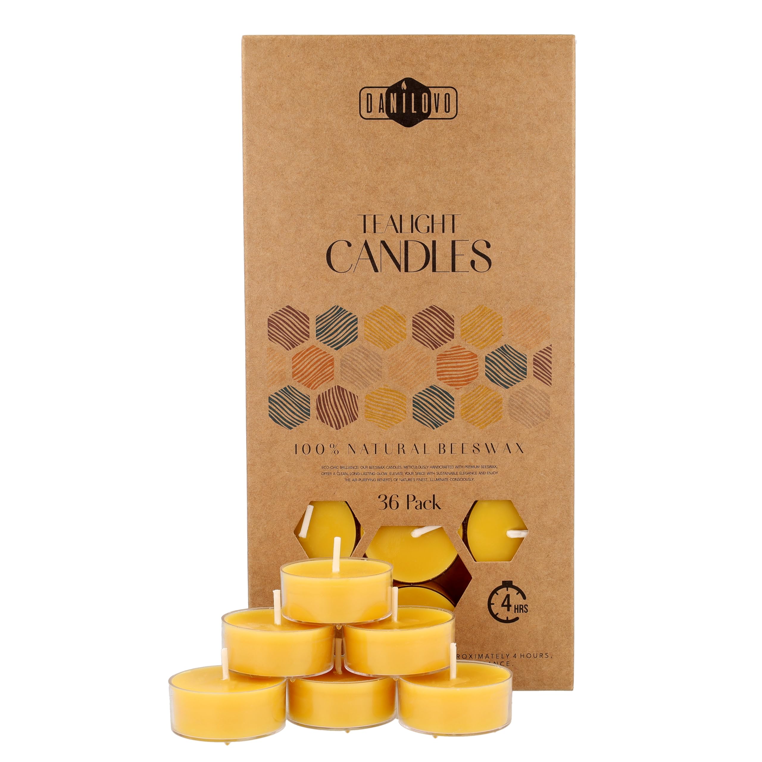 Danilovo Yellow Pure Beeswax Tealight Candles W/Cotton Wicks - Pack Of 36 4-Hour Burning Time Votive Candles Crafted By Recycled Plastic