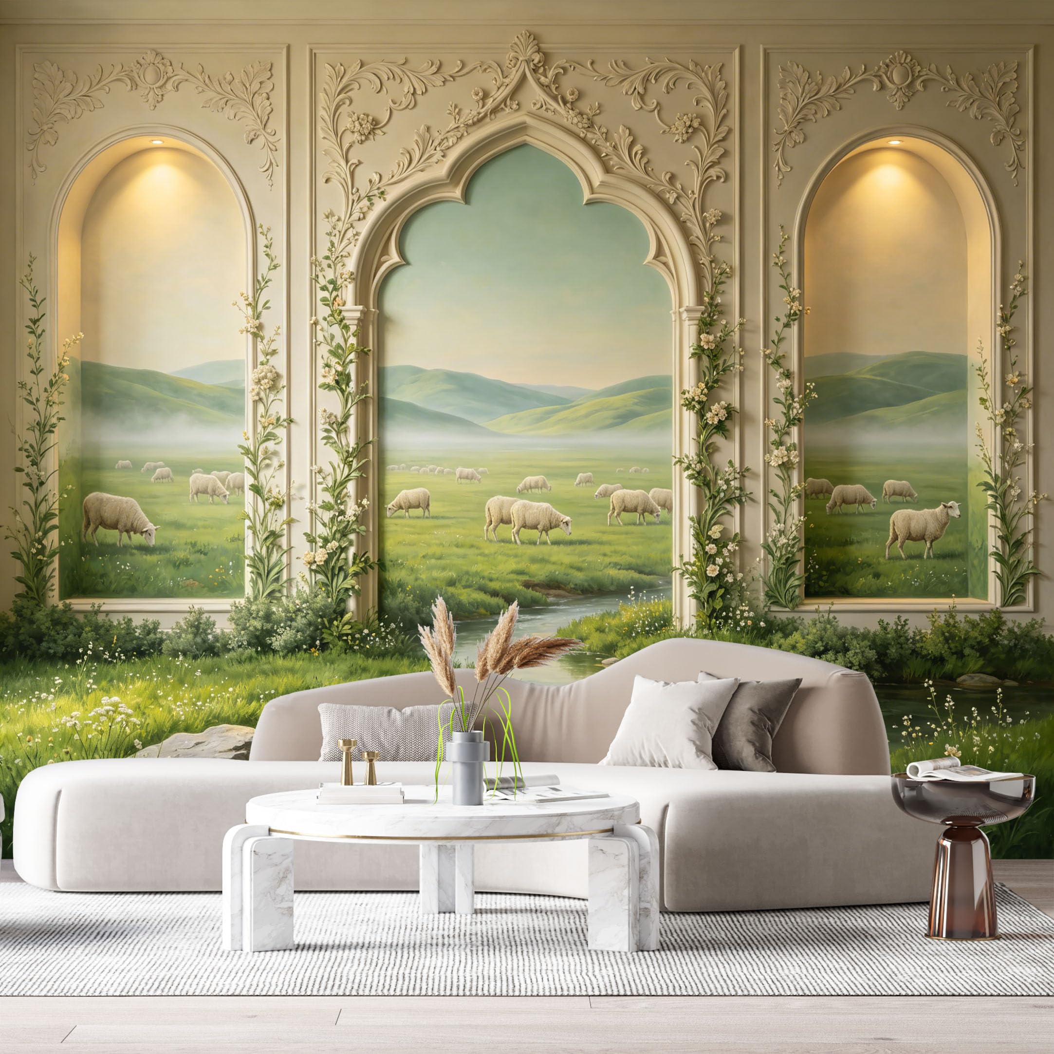 Custom Size Wall Murals Pastoral Sheep Stream Landscape Neoclassical 3D Trompe L'Oeil SelfAdhesiveWall Fabric Removable Wallpaper Wall Decor for Living Room Bedroom Bathroom