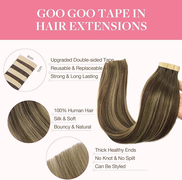 GOO GOO Tape in Hair Extensions Human Hair, 20pcs 50g 16inch, Balayage Chocolate Brown to Strawberry Blonde Real Remy Hair Extensions Seamless Straight Human Hair Extensions - 2