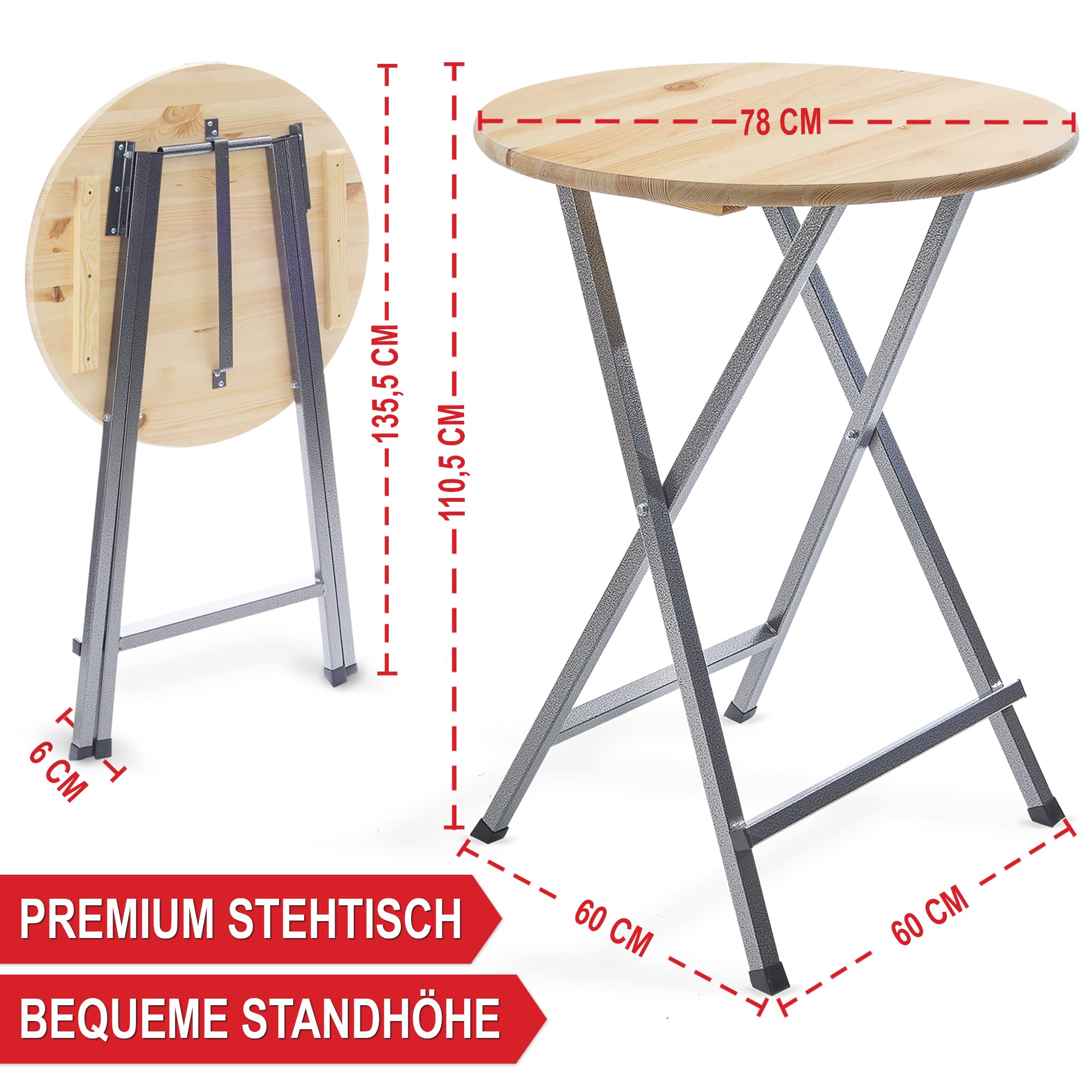 Onbest Stehtisch klappbar – Stehtisch 110cm hoch – Massive Tischplatte aus Holz – rund Ø78 cm – für In- & Outdoor –Bistrotisch – Biertisch – Gartentisch – Partytisch