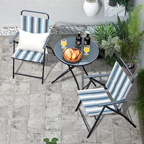 Miniatura 3 de Giantex Juego de 3 piezas de patio bistró, juego de mesa y sillas plegables, juego de comedor de metal para exteriores con 2 sillas, mesa auxiliar