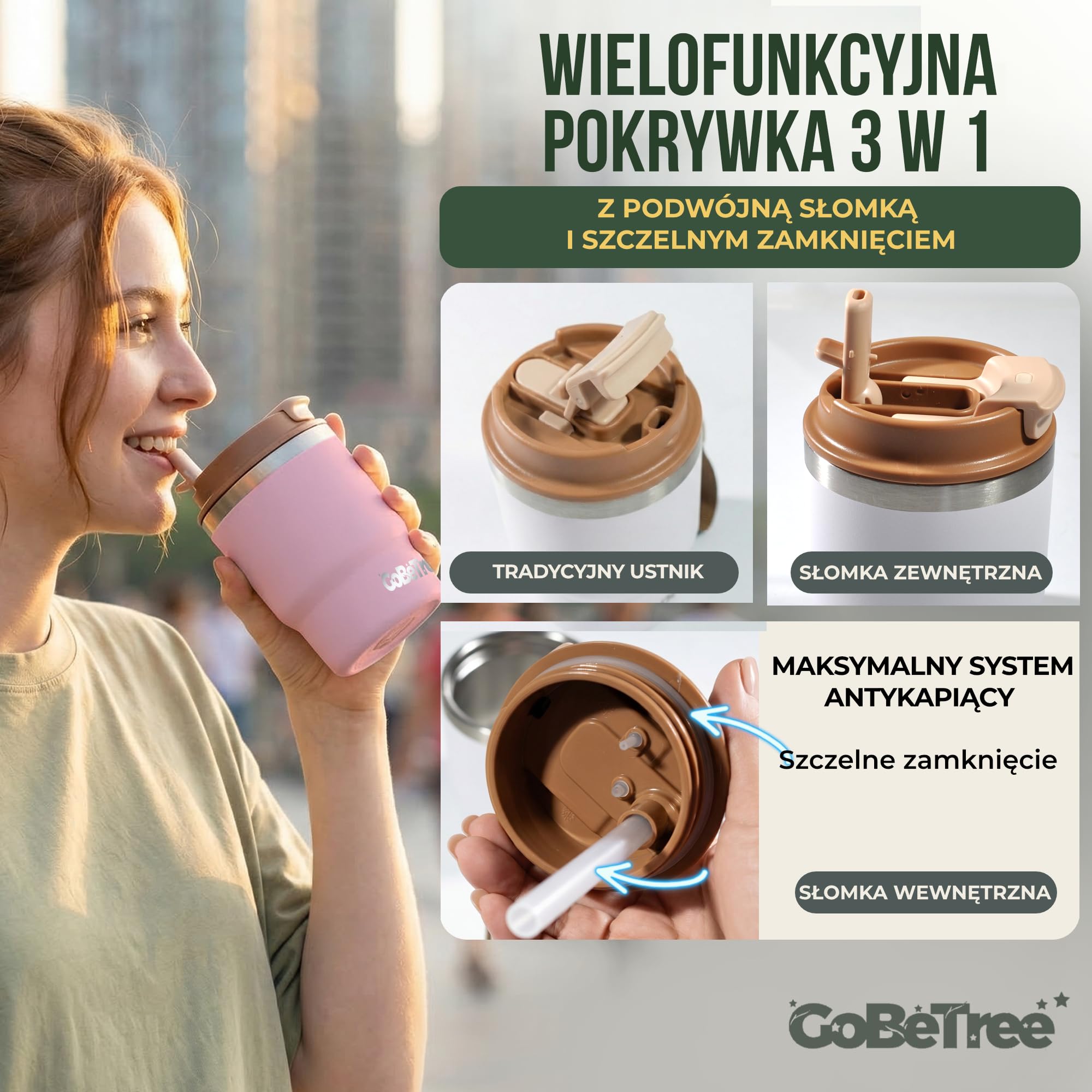 GoBeTree Kubek Termiczny do Kawy 360 ml (12 oz) Stal Nierdzewna ANTIQUE. izolowany tumbler z pokrywką 3 w 1 szczelną, słomką wewnętrzną i odpinanym paskiem do biura, samochodu, podróży i siłowni