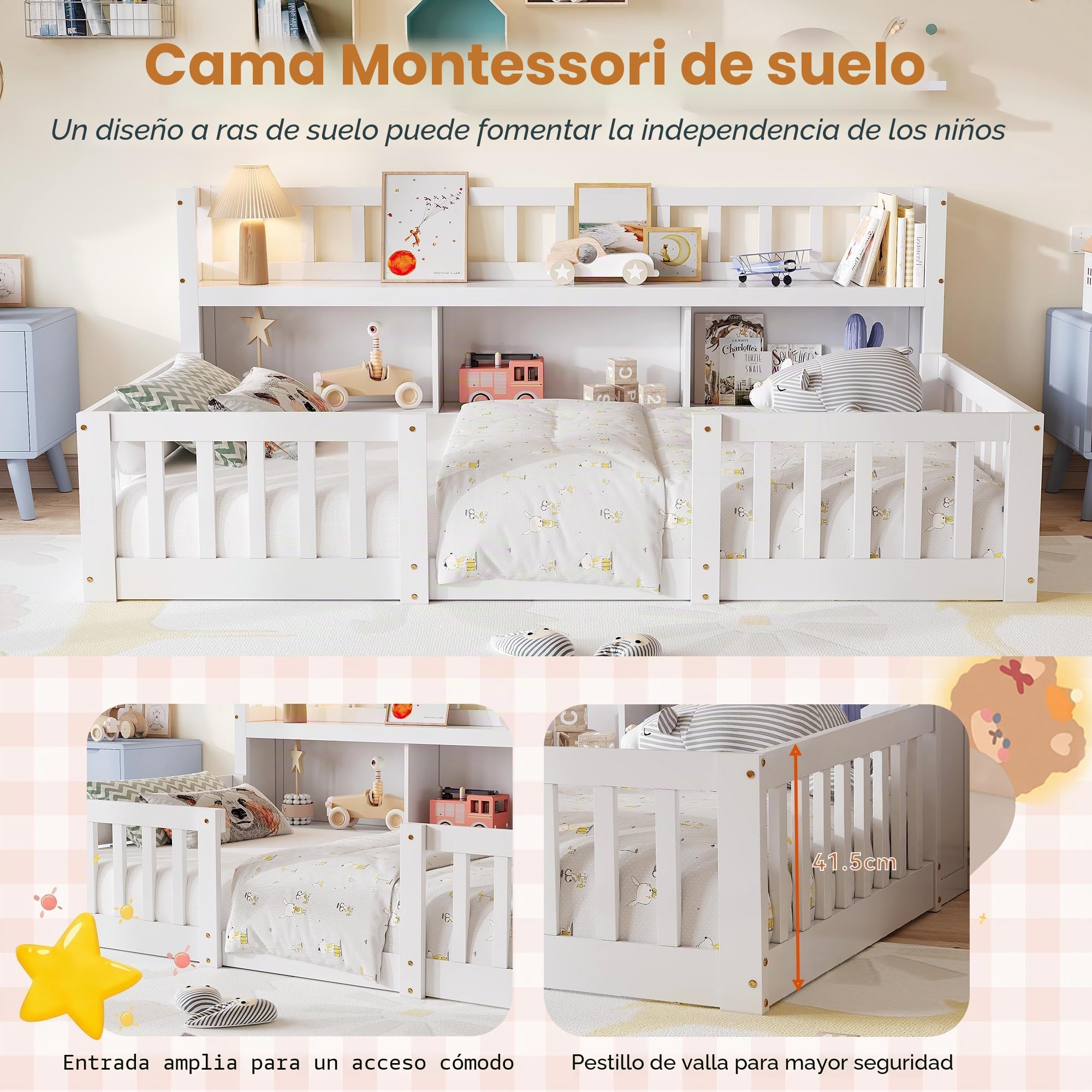 Cama infantil de 90 x 200 cm con escritorio, cama Montessori con protección anticaída y somier, estantería, cama de suelo, cama de madera maciza, marco de cama, color blanco (sin colchón)