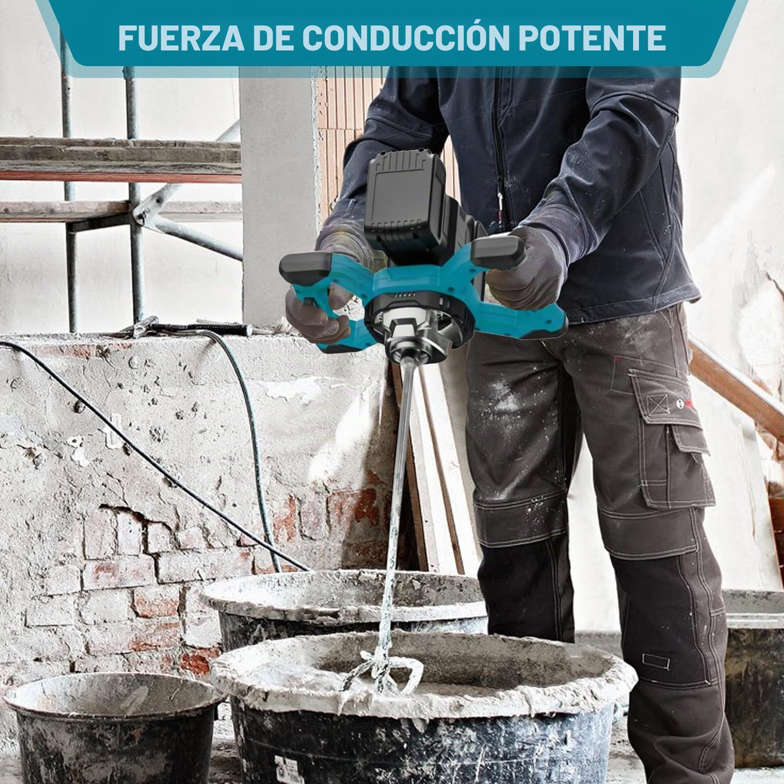 Mezclador de cemento compatible con batería de 18-21 V, mezclador de mortero de pintura, mezclador de 3100 W (sin batería), motor sin escobillas de cobre, interruptor bloqueable, ergonómico, mezclador
