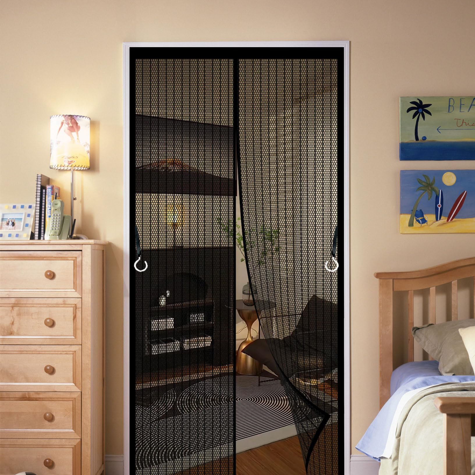 Magnetic Screen Door 131 x 273 cm Durable Polyester Mesh, Keeps Bugs Out Fly Screens Doors Nets Easy to Install Without Drilling for Living Room, Kitchen, Bedroom, Black