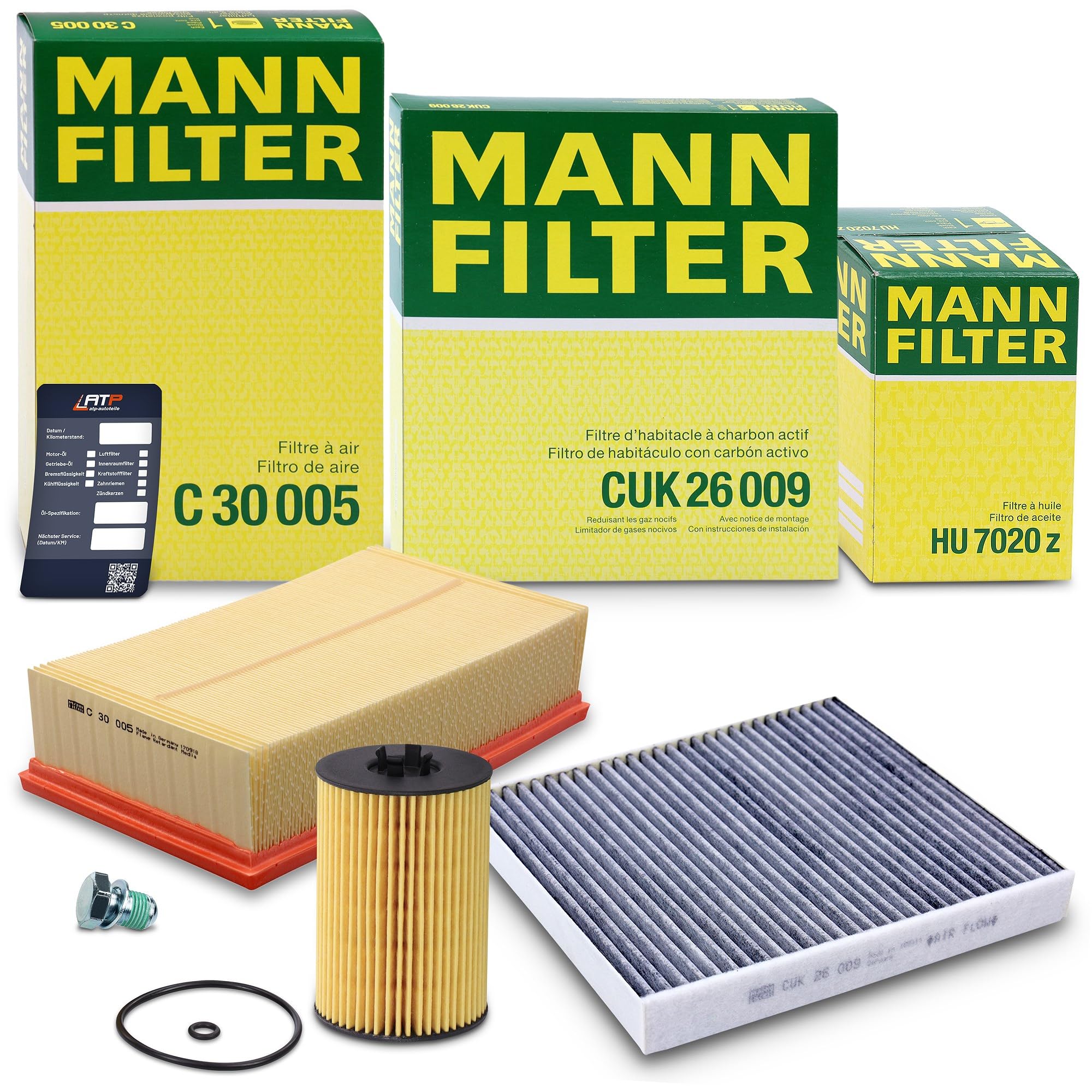 MANN-FILTER Inspektionspaket Filterset 1x Ölfilter, 1x Luftfilter, 1x Innenraumfilter (Aktivkohlefilter), 1x Ölablassschraube mit Dichtring, 1x Ölwechselanhänger,