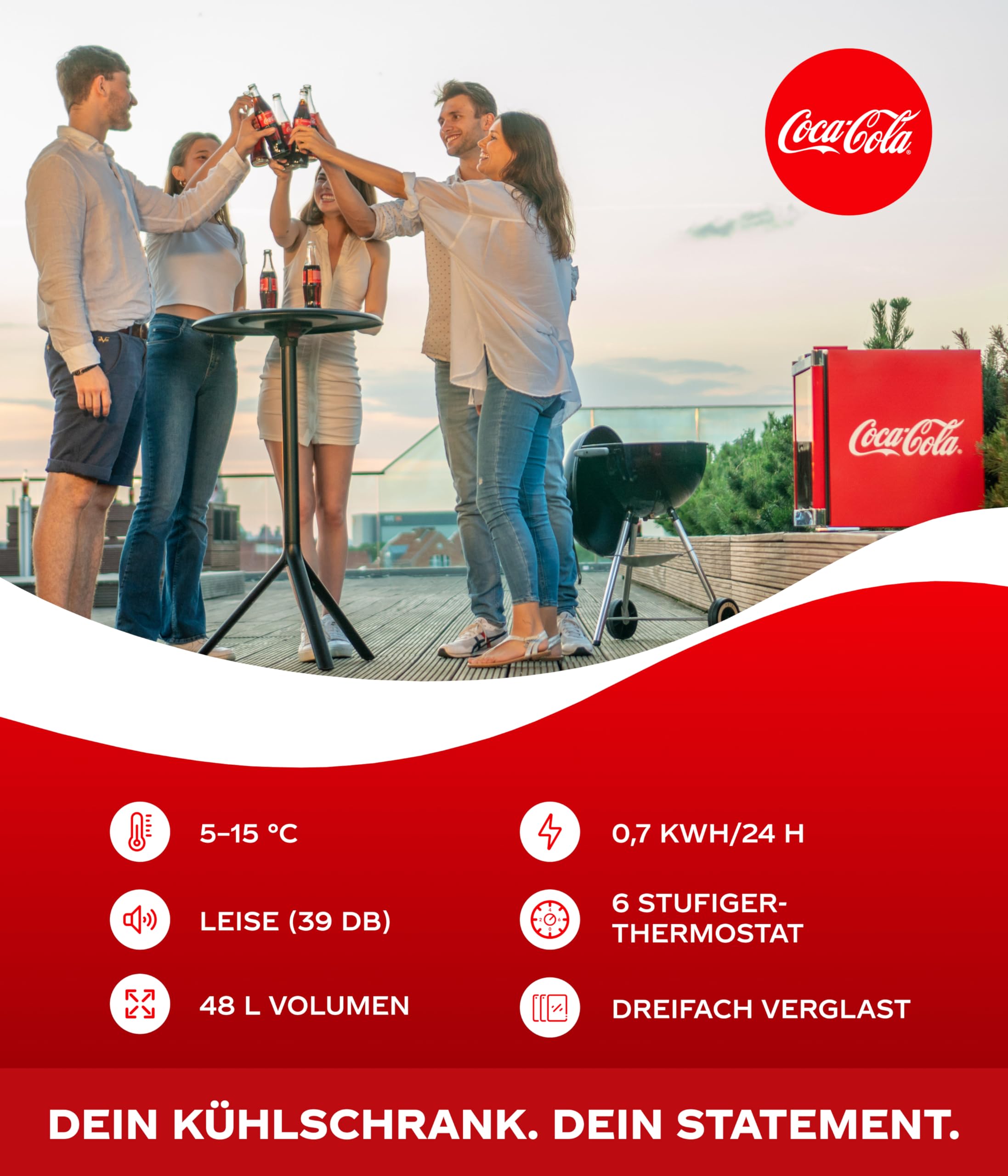 Coca-Cola Mini Kühlschrank Rot 48L Getränkekühlschrank mit Glastür leise energieeffizient