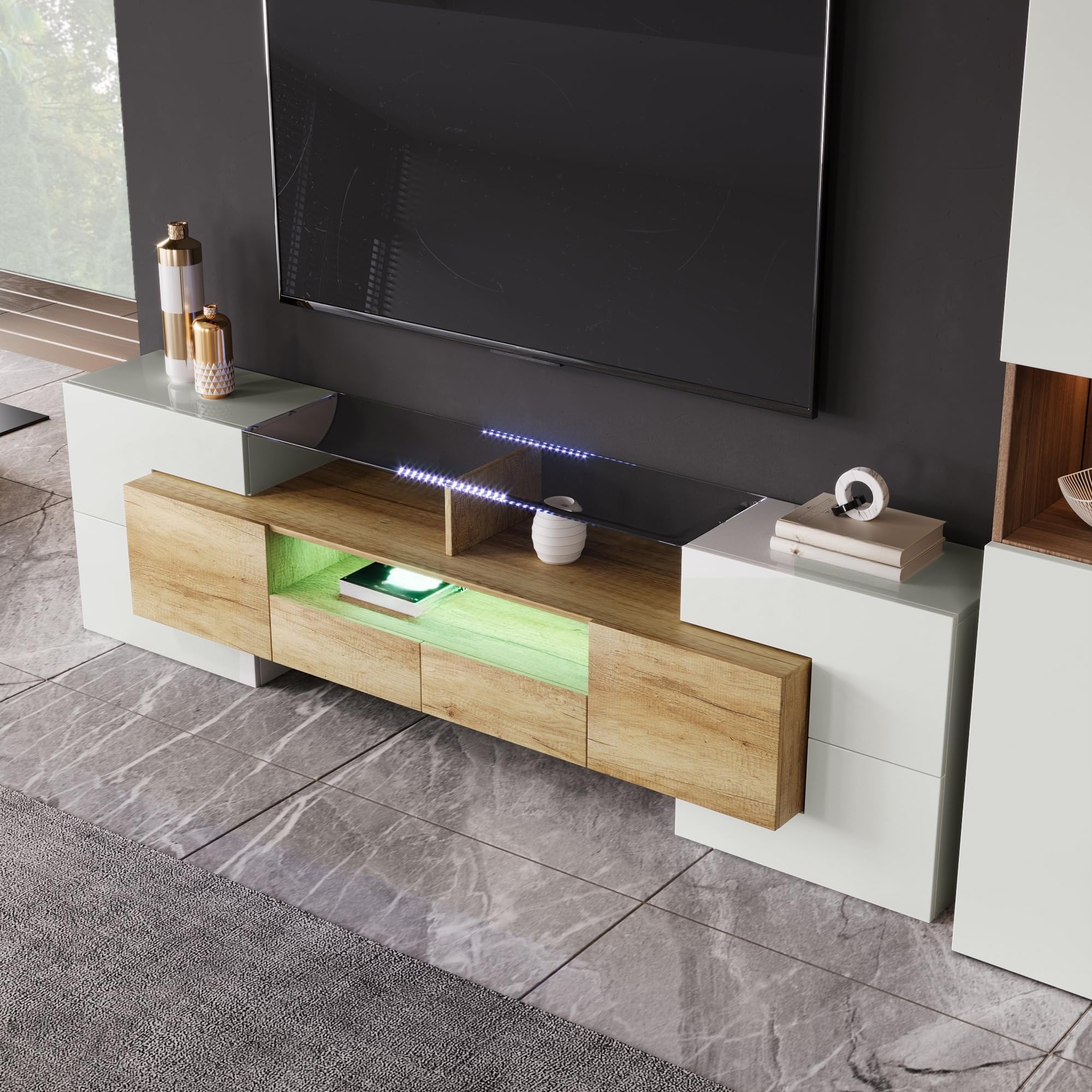 TV Schrank mit 2 Schubladen und LED-Beleuchtung, TV Lowboard für 60-69-Zoll-Fernseher, Fernsehschrank Wohnzimmerschrank mit Hochglanz, TV Möbel Wohnzimmer Möbel, 200x35x60 cm, Natur
