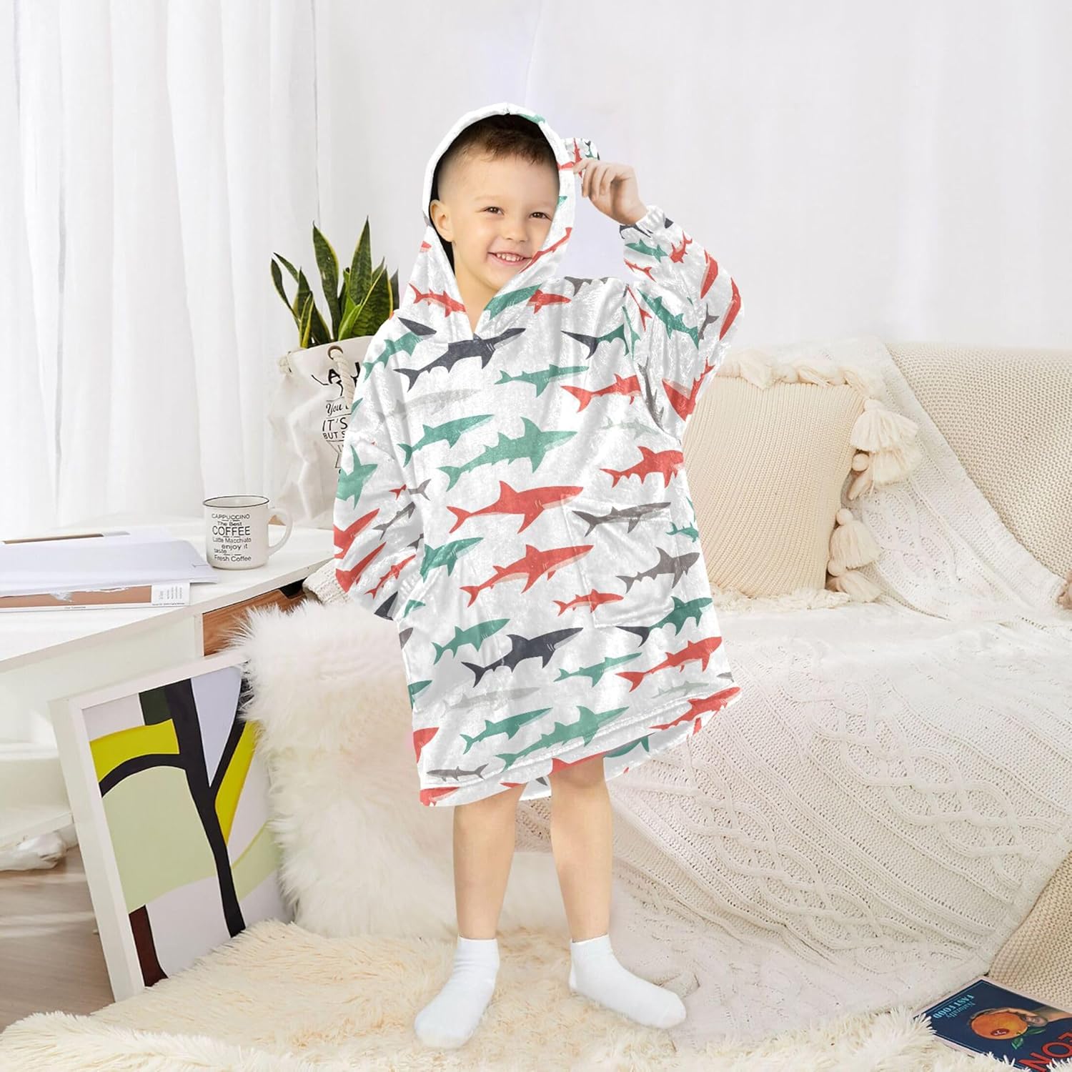 Shark Cute Kids Wearable Blanket Hoodie with Pocket and Sleeves for Toddlers, Cute Hoodies Girls Boys B0403682