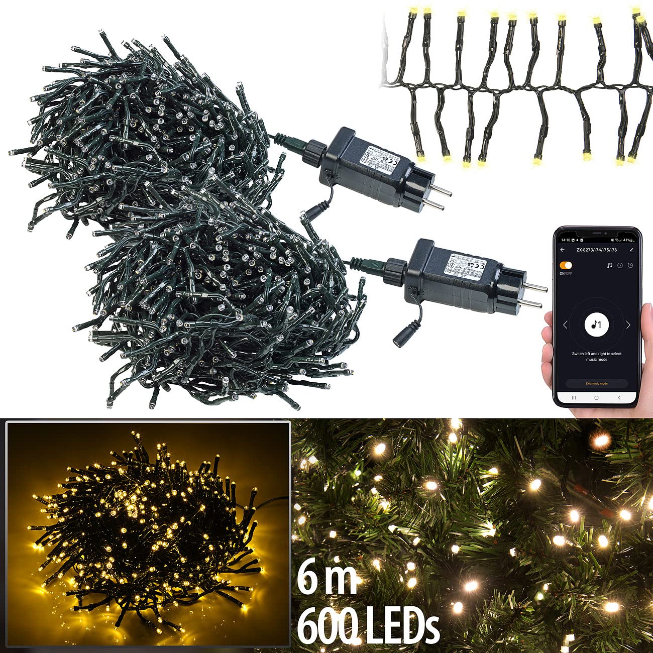Lunartec Lichterkette Weihnachten: 2er-Set WLAN-LED-Büschel-Lichterketten, 600 LEDs, App, 12m, dunkelgrün (Büschel-Lichterkette aussen, App gesteuerte Lichterketten, Dimmer)