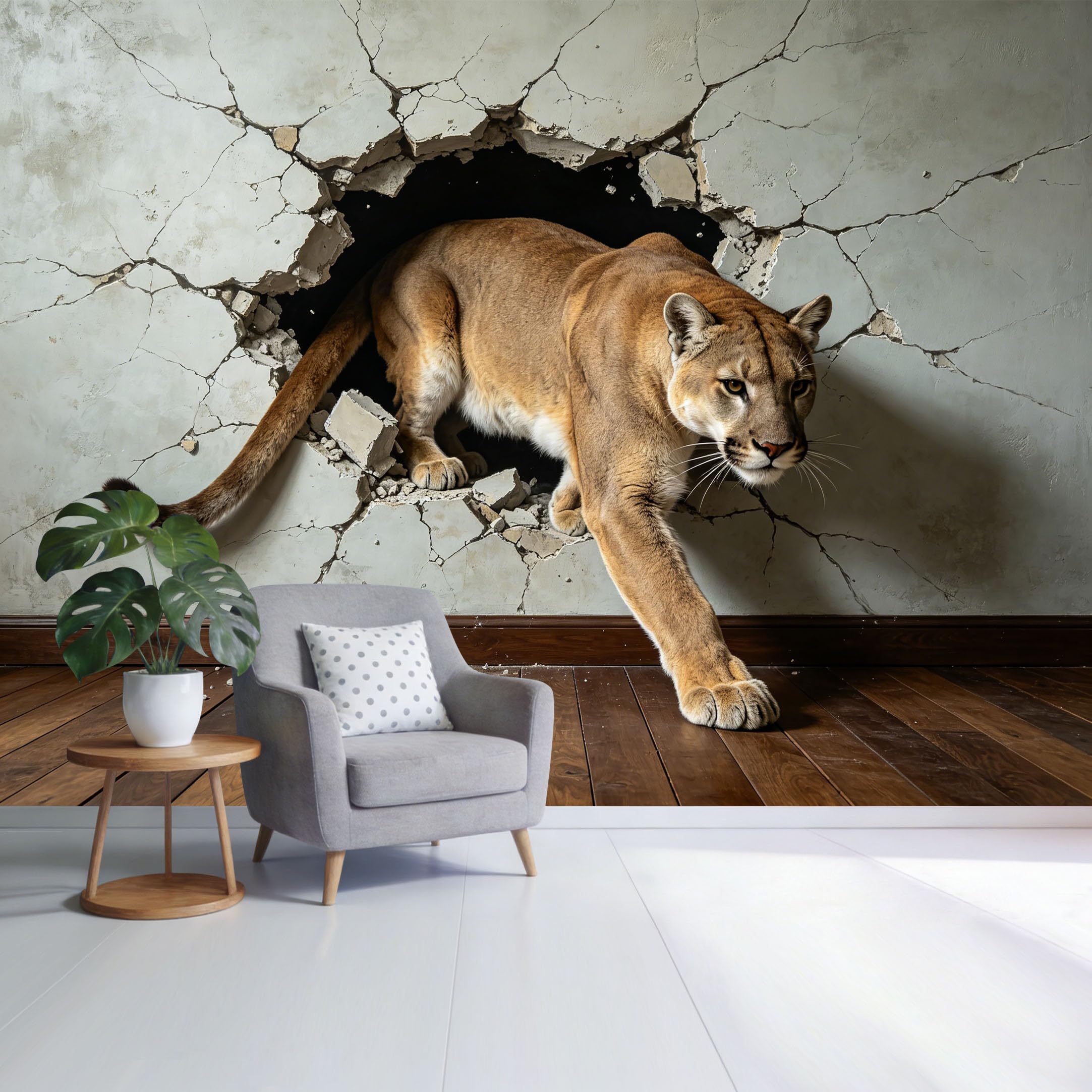 Custom Size Wall Mural Mountain Lion Breaking Concrete Wall 3D Trompe L'Oeil Removable Self Adhesive Fabric，Home Wall Decor for Living Room Bedroom Bathroom