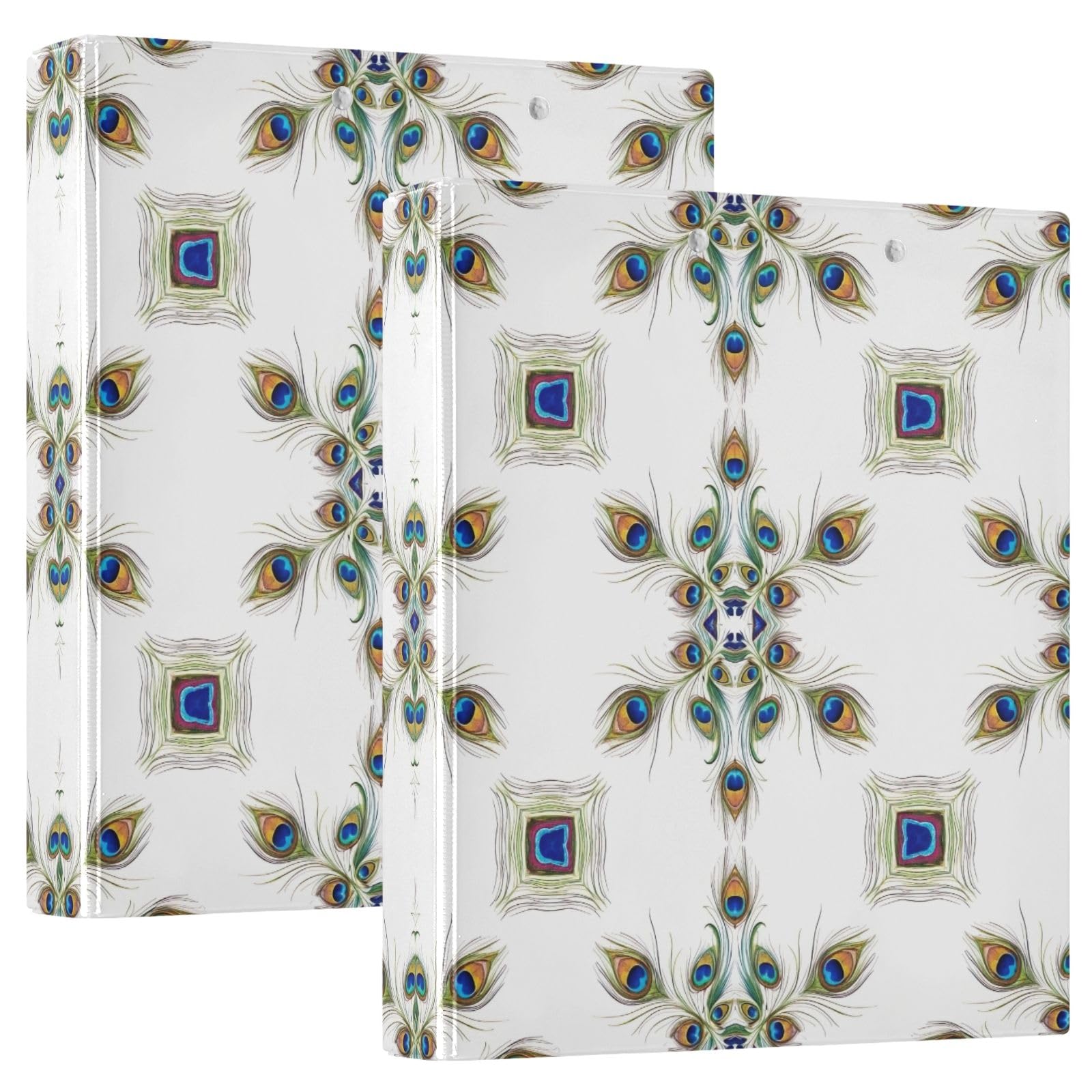 Confezione da 2 raccoglitori ad anelli colorati, con piume di pavone, bianche, con tasche, grandi, per scuola, università, ufficio