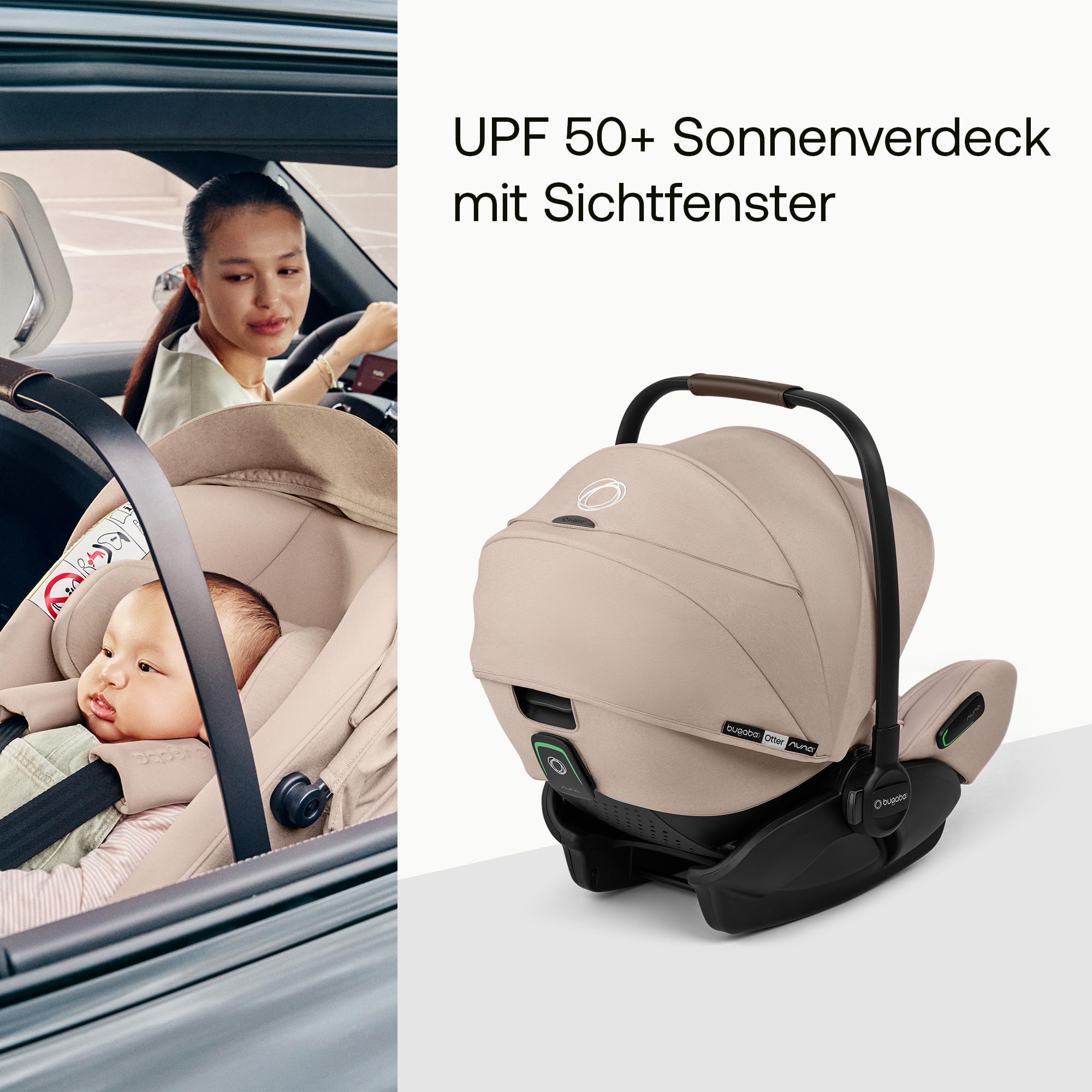 Bugaboo Otter by Nuna, i-Size Babyschale ab Geburt, flache Liegeposition | UPF 50+ Sonnenverdeck und Memory-Schaum, kompatibel mit 360 Grad Isofix-Basis, von 0–15 Monaten, Desert Taupe Melange