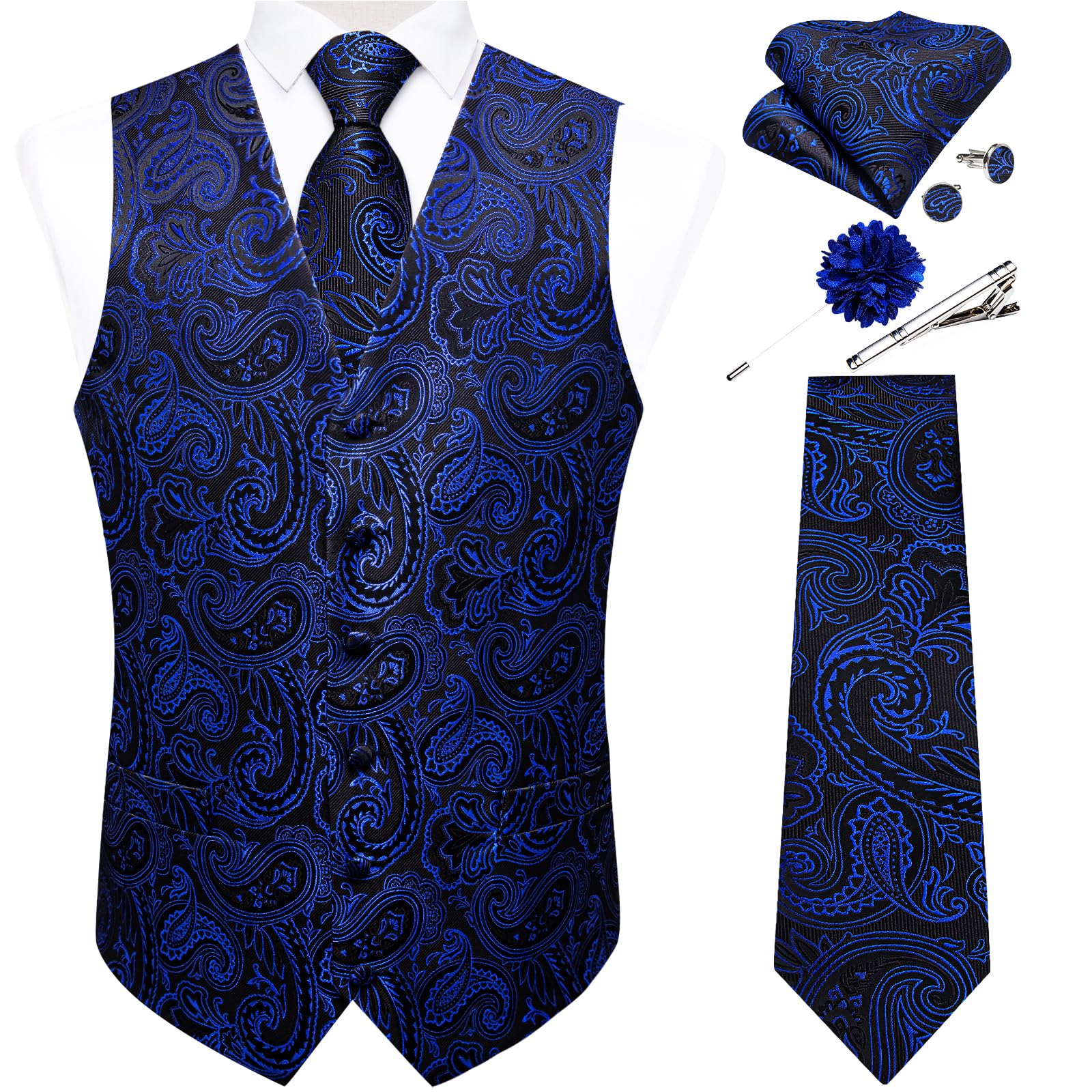 DiBanGu Mens Vest and Tie Set Formal Paisley Waistcoat and Necktie Pocket Square Cufflinks Silk Suit Vest for Tuxedo Wedding