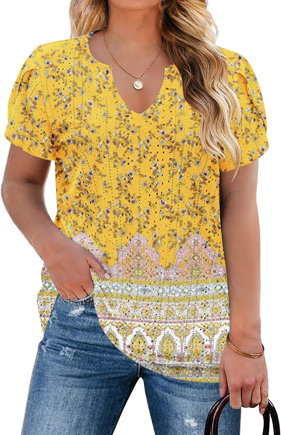 IN'VOLAND Women's Plus Size V Neck Shirts Short Sleeve Lace Blouse