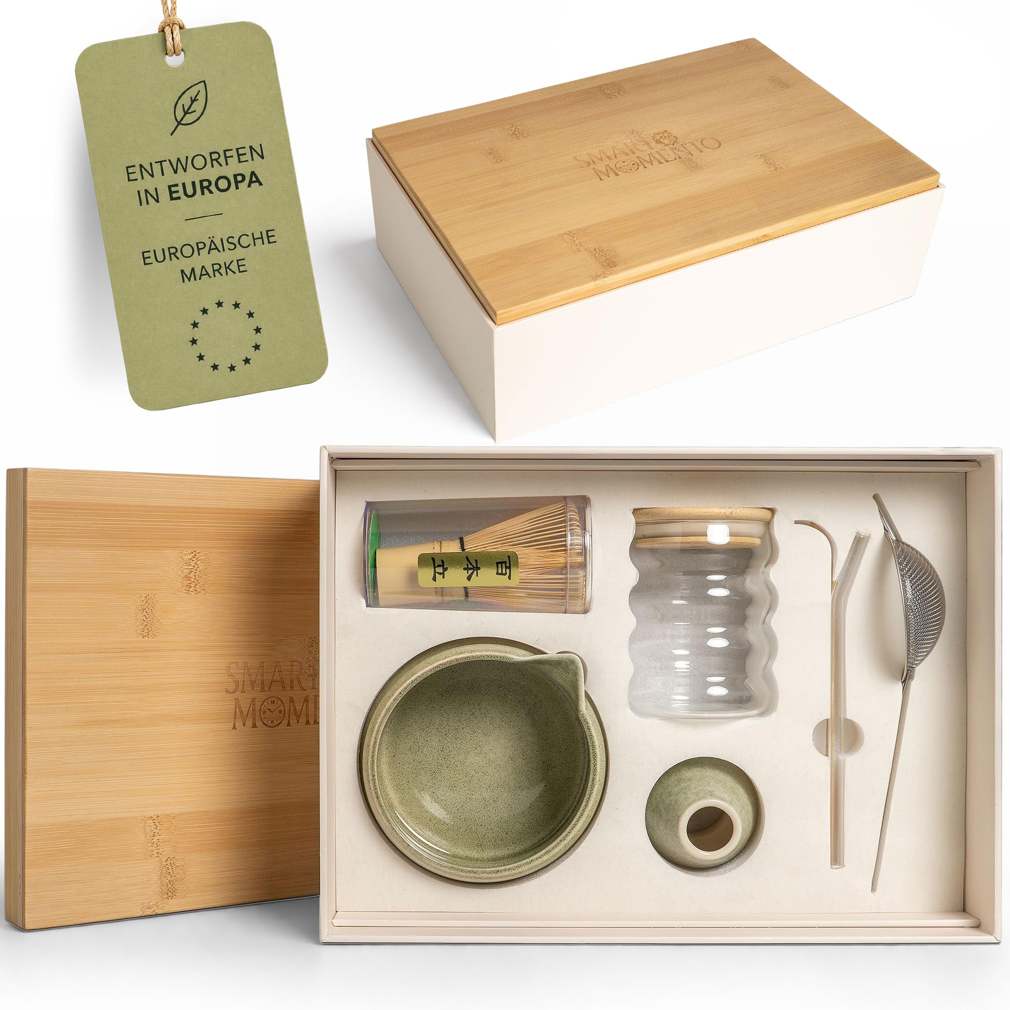 Matcha Set 8-teilig, Matcha Tee Set mit Matcha Schale mit Ausguss, Bambusbesen (Chasen), To Go Glas mit Deckel & Glasstrohhalm, Bambus Tablett – Luxus Geschenkset