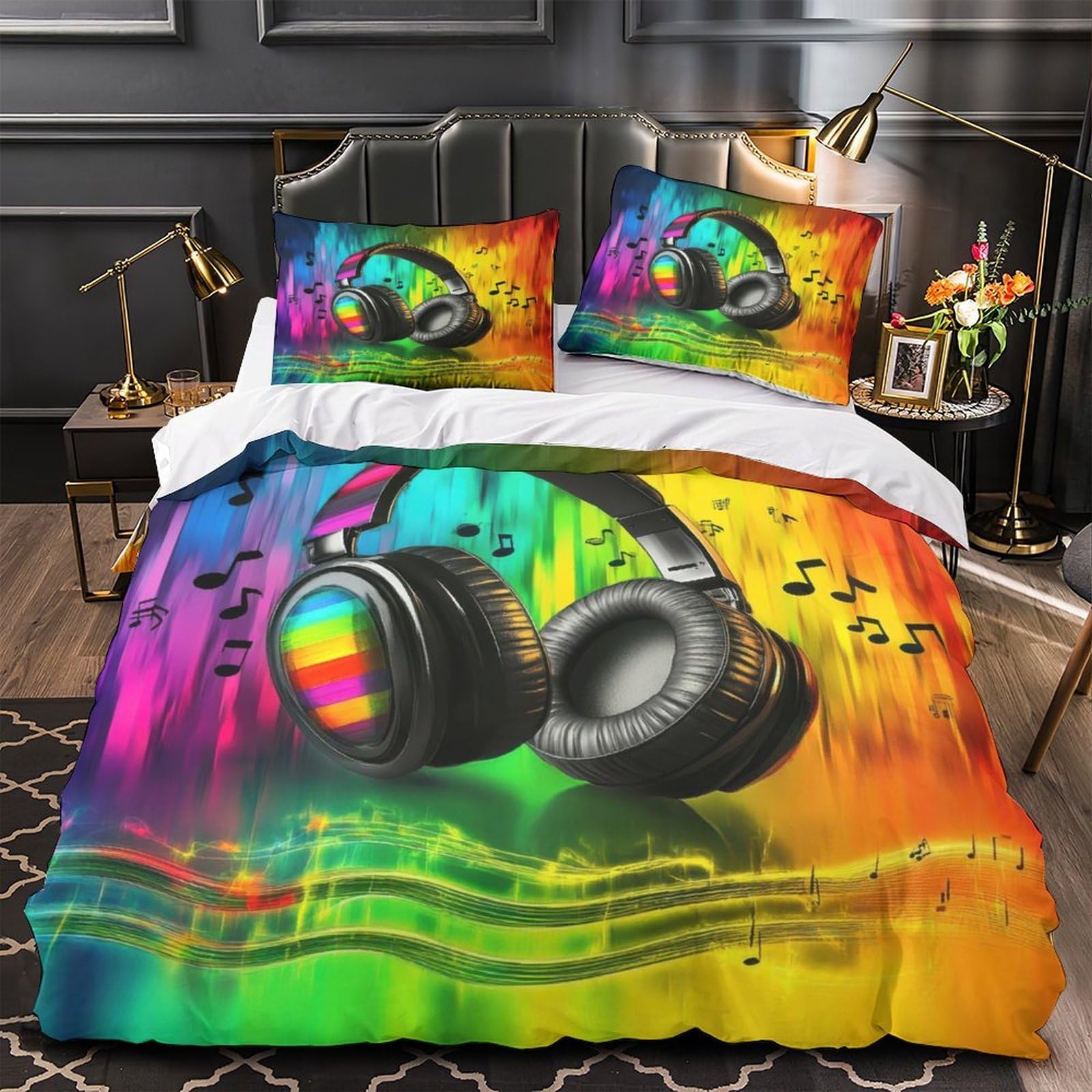 Ensemble de literie 3D Musicheadphones pour chambre d'enfant et ado passionné de musique