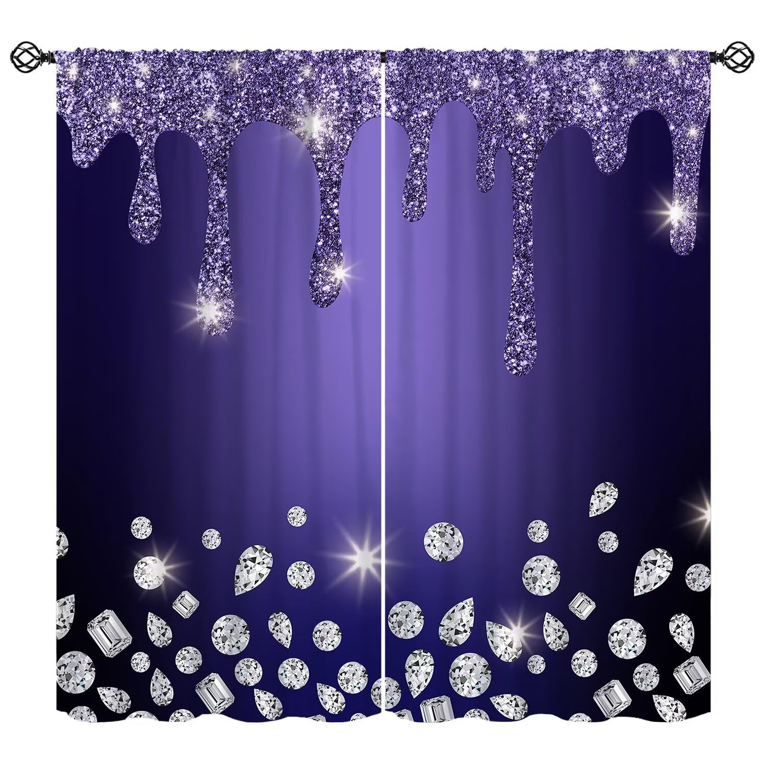 Glitter Diamond Purple Curtain Sparkle Shimmer Bling Sparkly Window Treatments Luxury Colorful Silver Shiny Drip Modern Window Drapes (No Glitter) for Bedroom Living Room Home W72xL63in