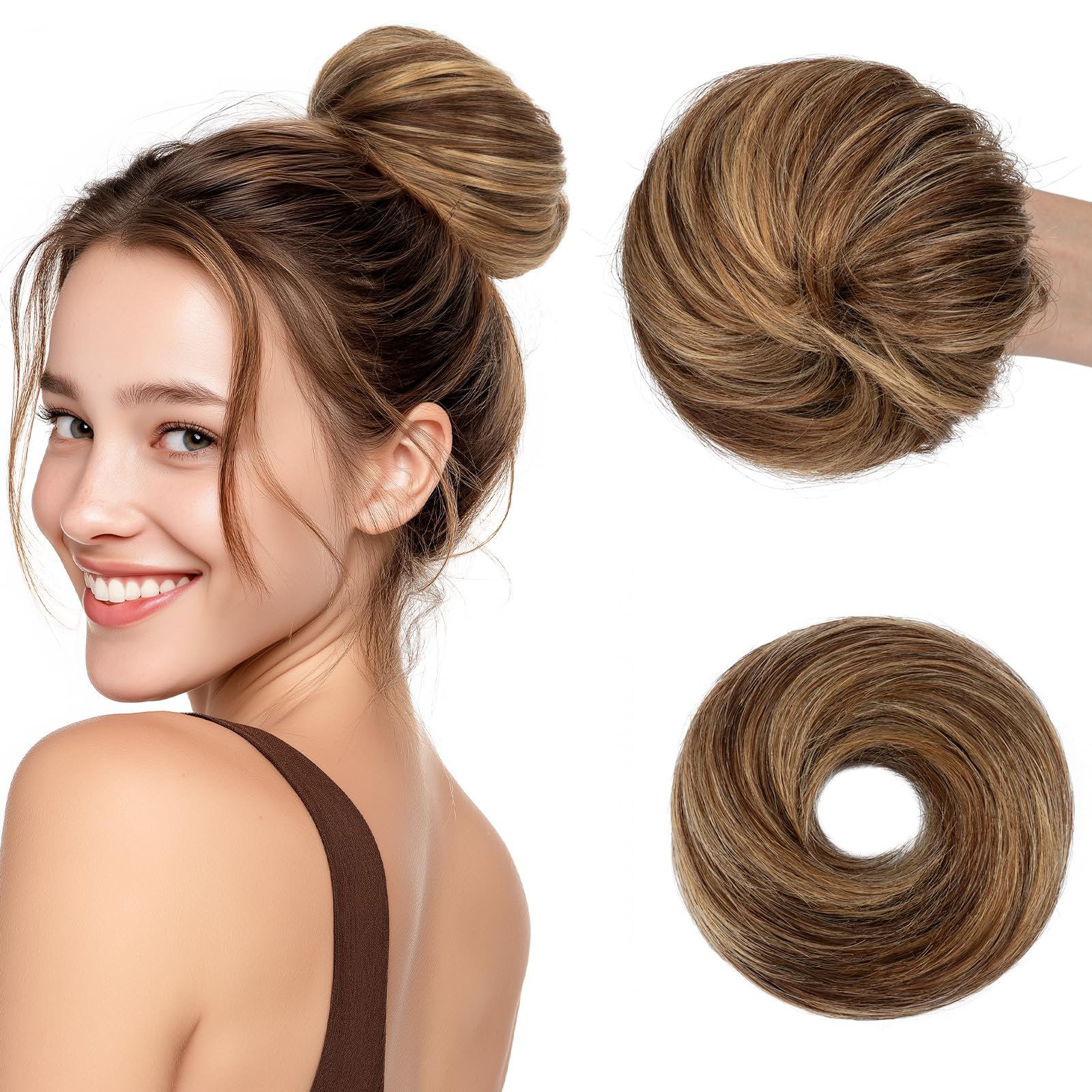 Capelli veri da 30 g, con elastico, chignon disordinato, per donne, lisci, elastici, chignon, chignon, marrone medio con accenti biondo scuro
