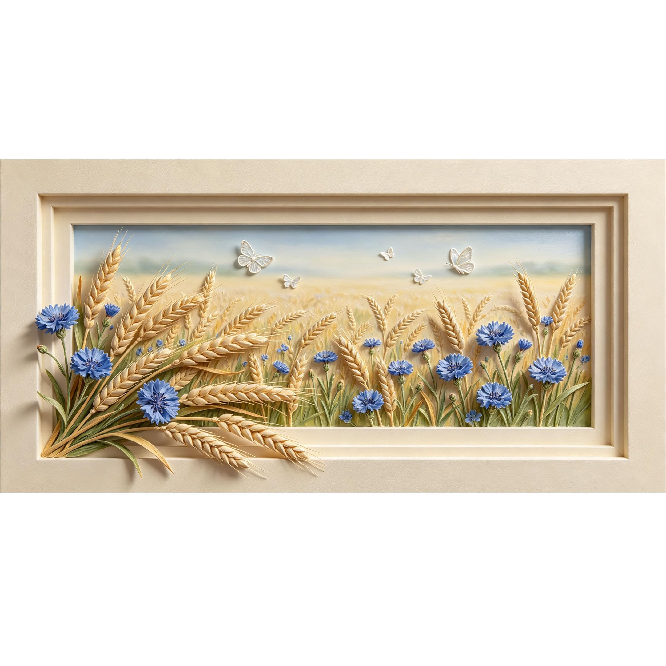 Agglomerix 3D Framed Wall Art Farmhouse Botanical Wheat Field Cornflower Butterfly Relief Large Size Self-Adhesive Removable Wall Decor Prints Artwork for Living Room Bedroom Office