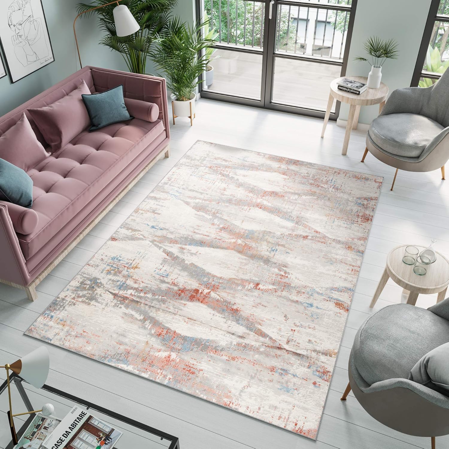 TAPISO Valley Tapis Poil Court Moderne Vintage Saumon Bleu Crème Gris Moucheté Motif Abstrait Tapis Salon Chambre Adulte Salle à Manger Bureau Oeko-TEX Résistant 80 x 150 cm