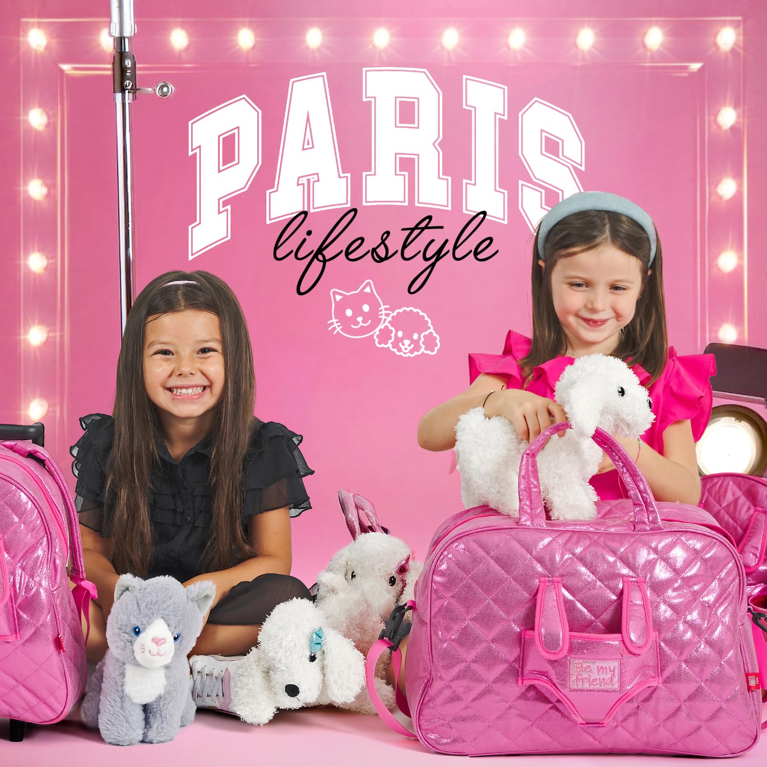 PERLETTI Bolsa de Viaje Deporte Niña con Caniche Peluche - Bolso Niñas Guardería con Perro Peluche Extraíble Rosa - Duffle Bag Regalo Niña 3 4 5 6 Años con Bandolera - 27x41,5x21cm (Bolsa de Viaje)