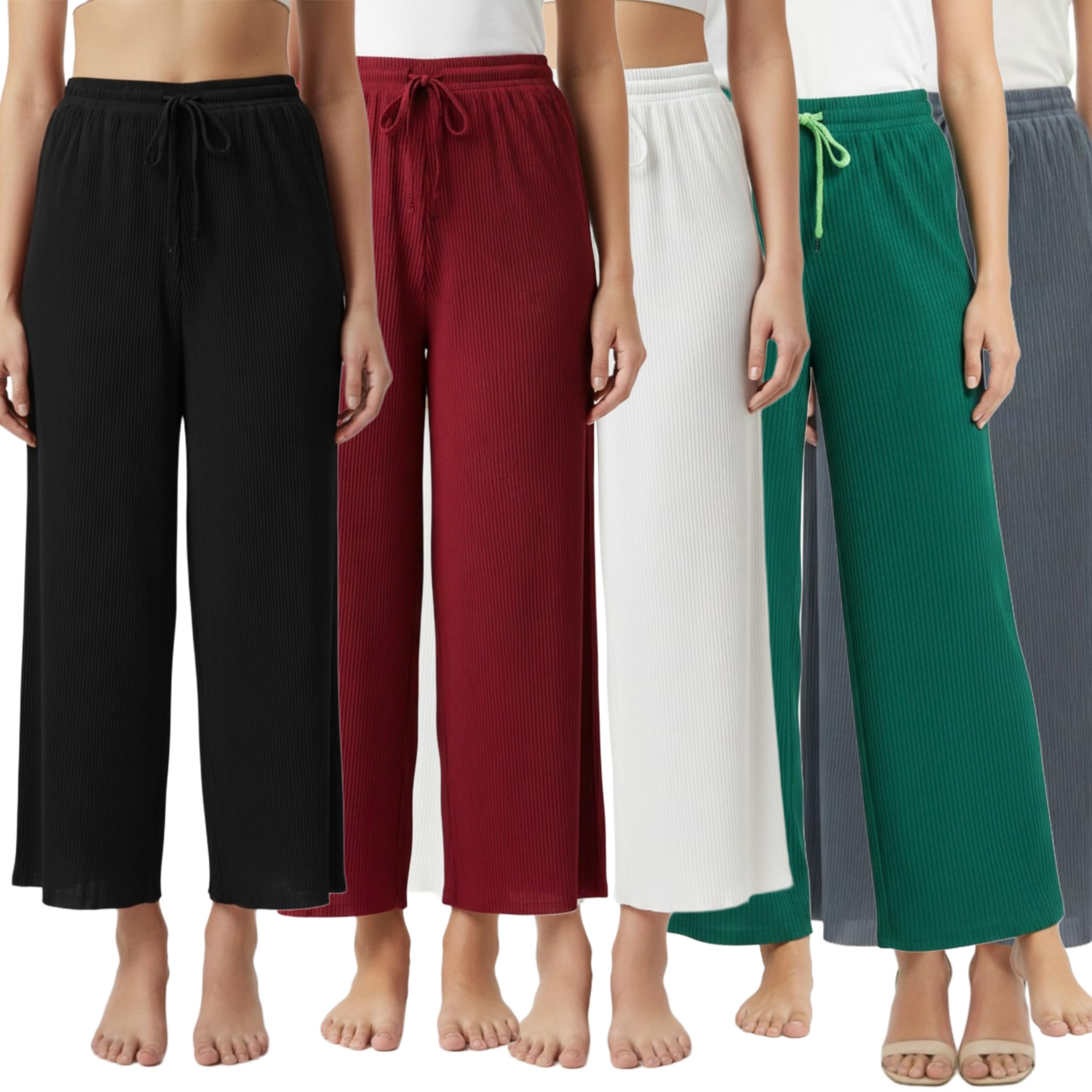 Women's Wide-Leg Trouser|Palazzo Pants|High Waist Flowy Trousers with Drawstring, Lightweight Casual & Travel Wear|Women Trousers Pants - Pack of 5-image-44