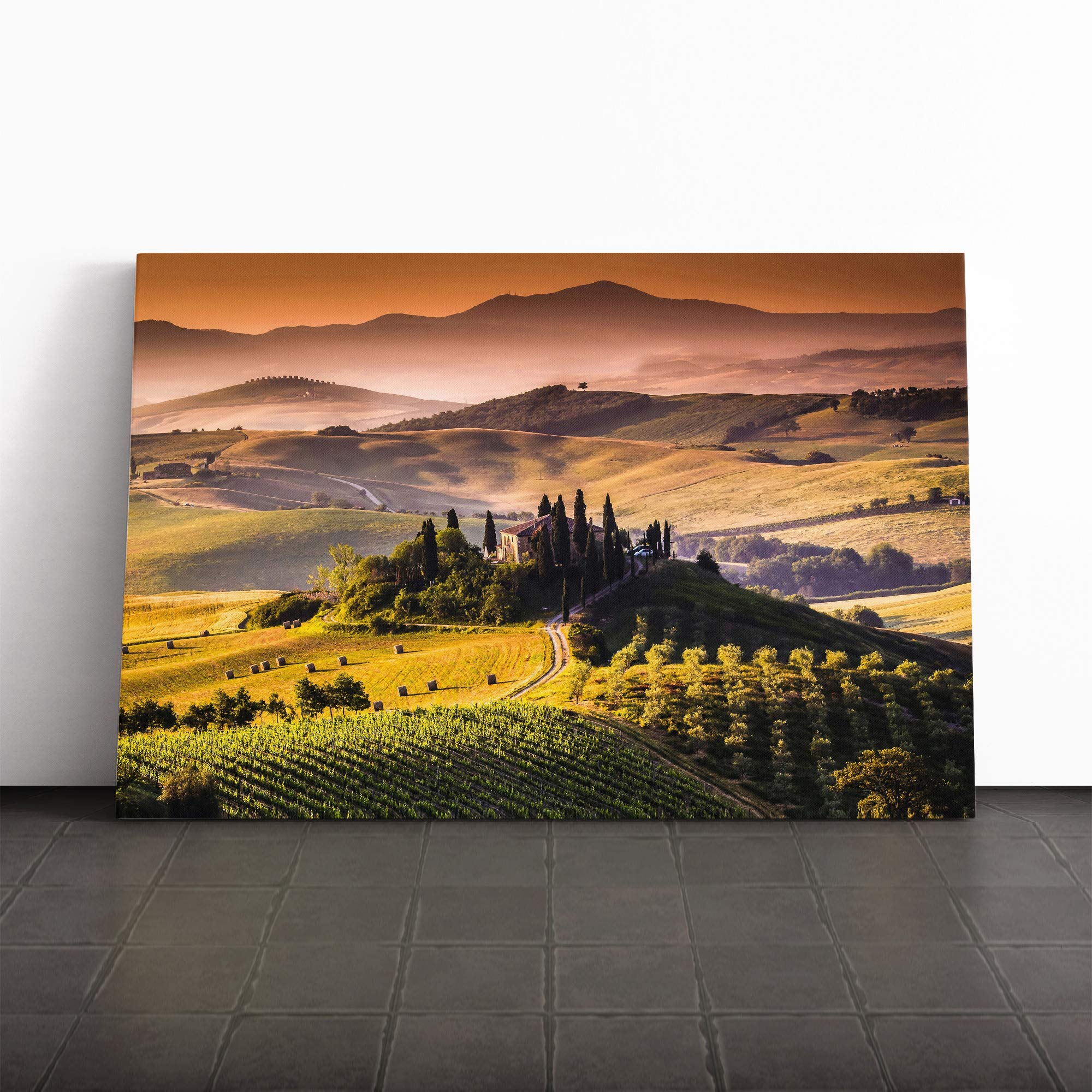 Landscape Tuscany Hills and Mountains Canvas Print | Gallery Wrapped 30mm Frame Wall Art | 24x16 inches | Ready to Hang | Contemporary Landscape Picture | Living Room Bedroom Lounge Office
