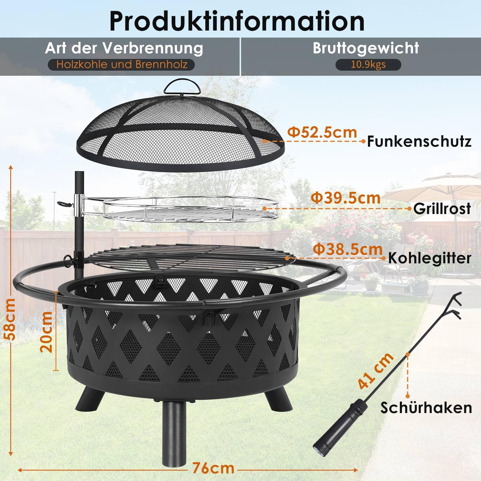 TLSUNNY Feuerschale mit Drehbarem Grillrost, Feuerschalen für den Garten | Ø 76cm Feuerkorb mit Funkenschutz und Schürhaken, 3PCS Beine, Multifunktional BBQ Feuerstelle Outdoor, Zum Grillen und Heizen